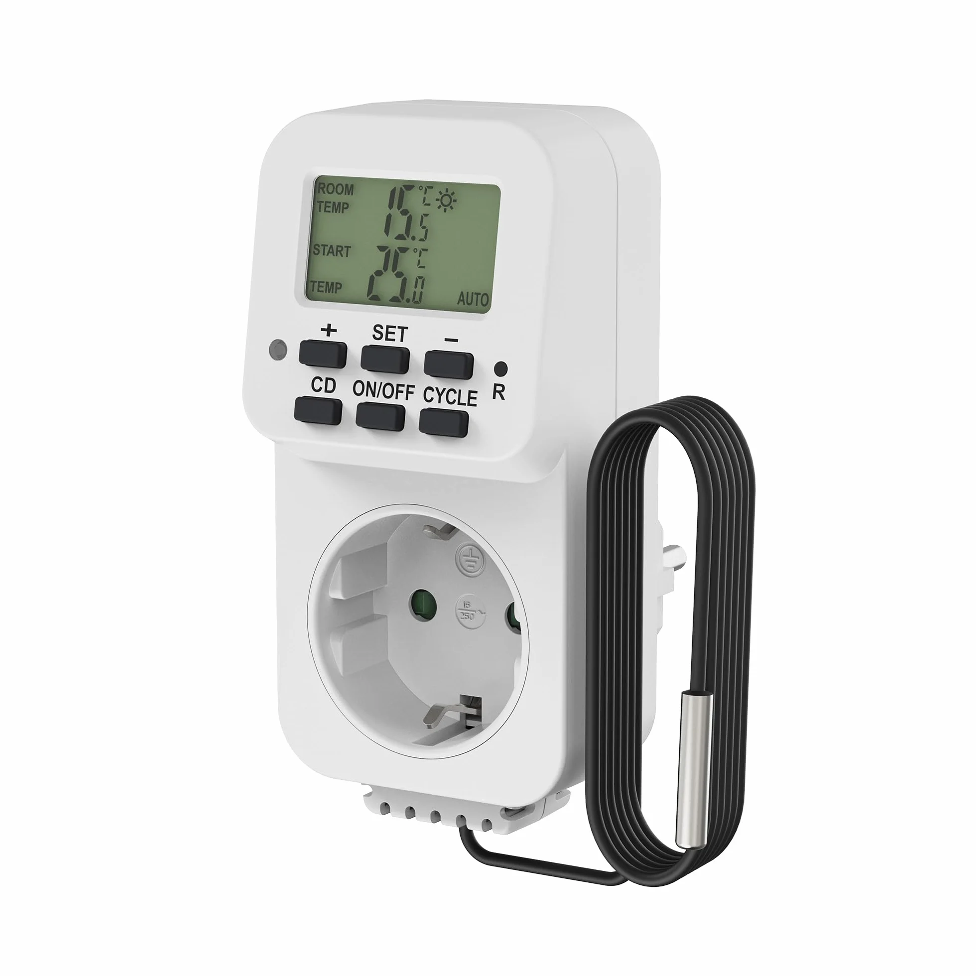Idealne gniazdo termostatyczne, regulator temperatury 230 V, termostat z czujnikiem, przełącznik temperatury do ogrzewania, chłodzenia, szklarni, terrarium, biały