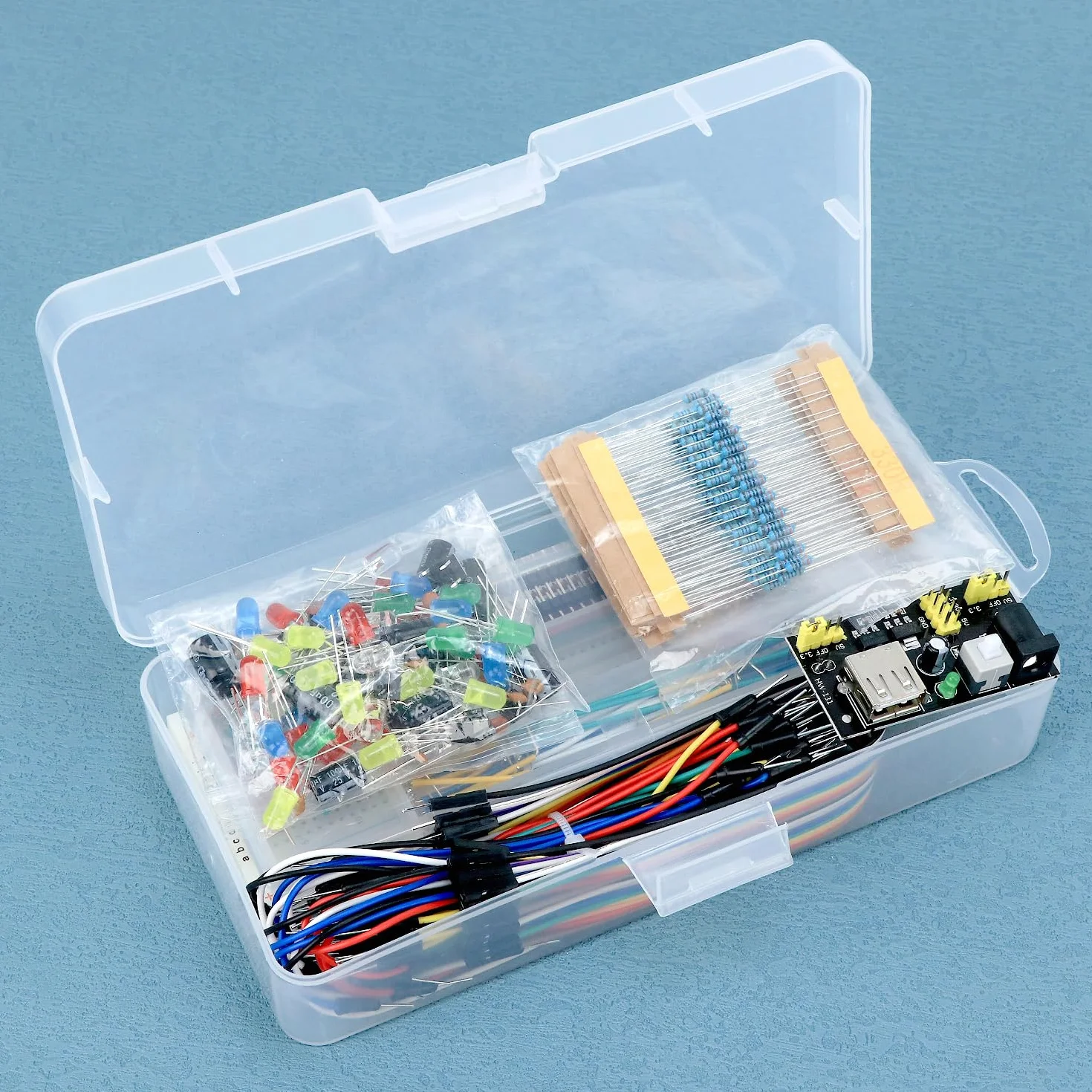 QWORK® Zestaw komponentów elektronicznych z płytą prototypową, modułem zasilania i zworkami, kompatybilny z Arduino, STM32, Raspberry Pi 420 szt