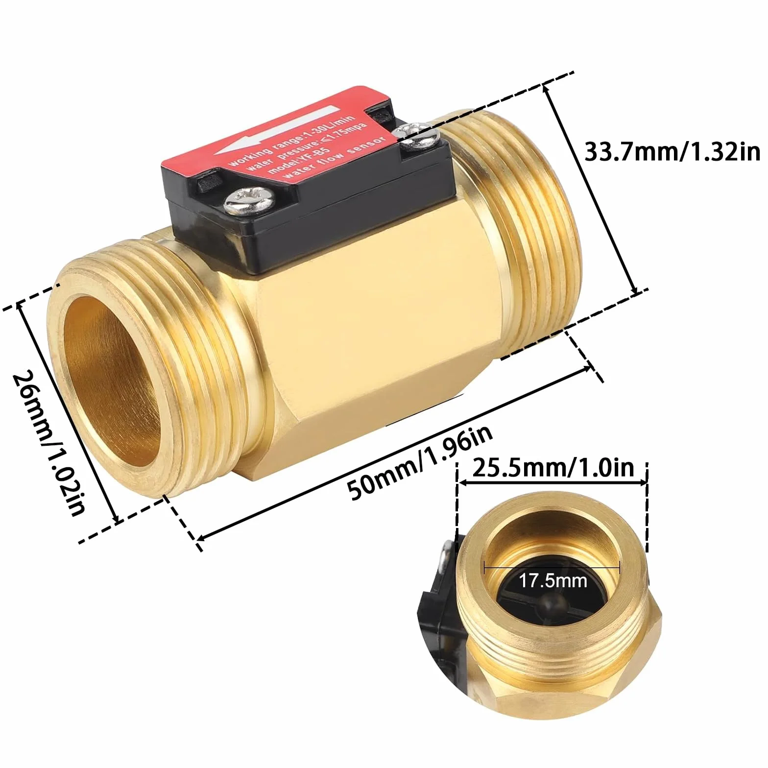 Czujnik przepływu wody G3/4, czujnik przepływu wody 3/4", przepływomierz, czujnik halowy, przełącznik przepływu wody, 1-30 l/min