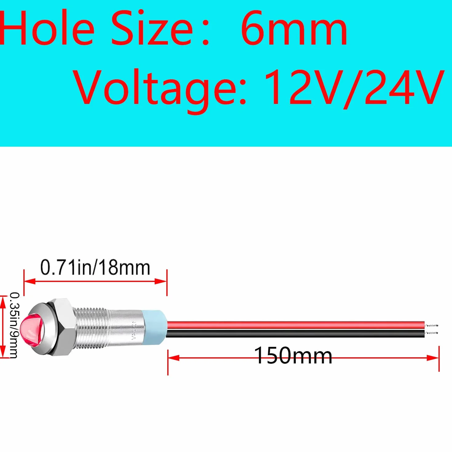 RUNCCI-YUN 10 szt. 12-24 v 6 mm 1/4" DC Metalowy wskaźnik LED, czerwony panel wskaźnika LED, wskaźnik światła 12 V, do vana, łodzi i innych pojazdów uniwersalnych