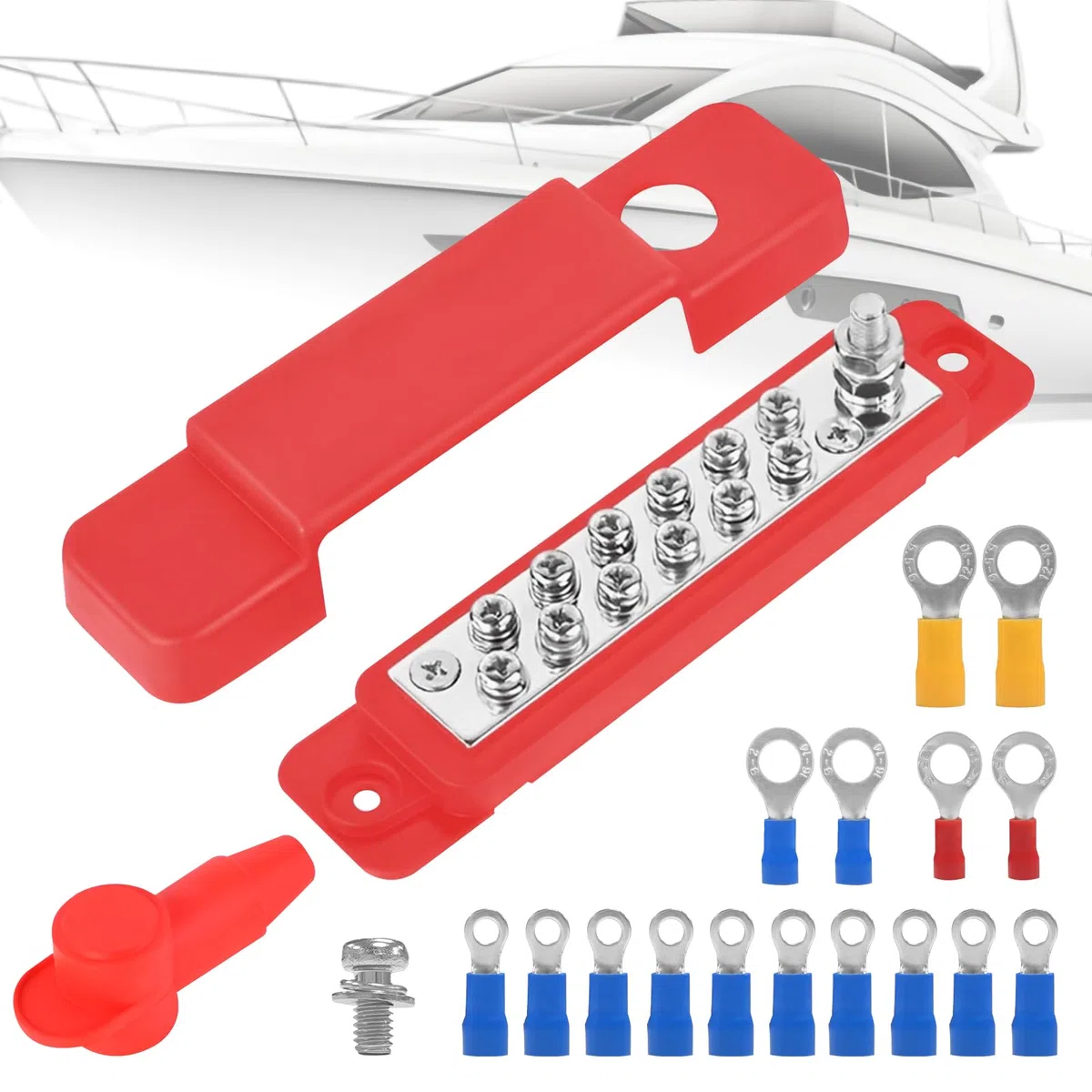 Blok rozdzielaczy szyn zbiorczych, 2 sztuki, szyna zbiorcza 12 V-48 V Dc 150 A, Busbar 12P, wiązka przewodów ze śrubami zaciskowymi M6 i nylonową osłoną ochronną, pasuje do samochodów kempingowych i