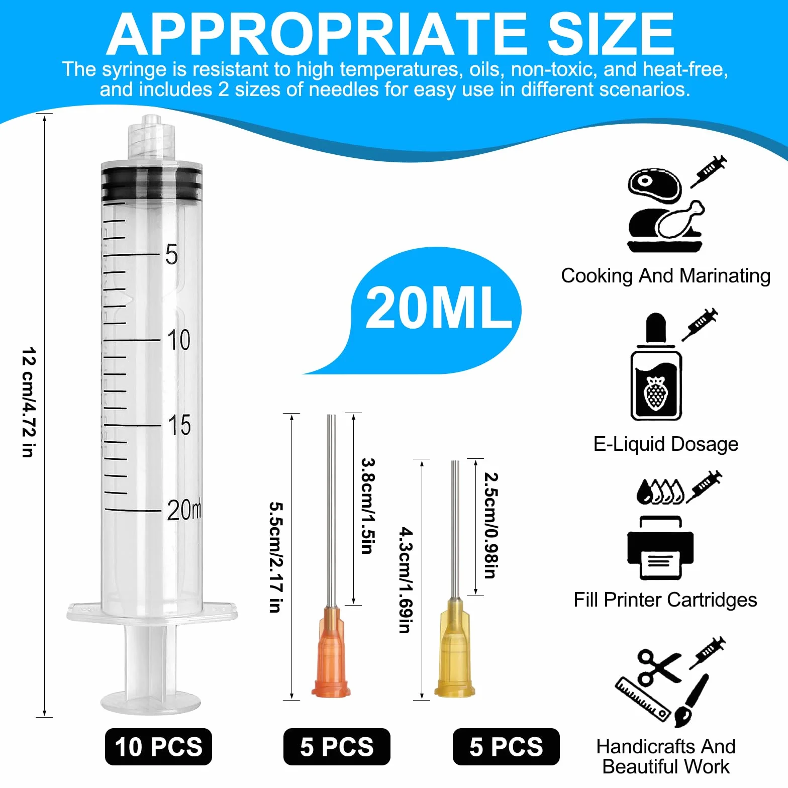 Strzykawka 20 ml z tępą igłą, plastikowa dozująca do iniekcji, laboratorium, przemysłu