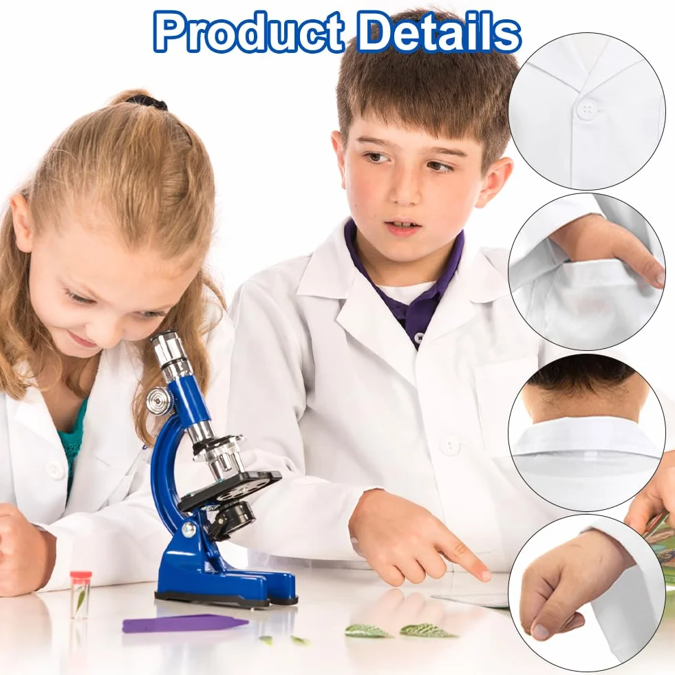Comioke Fartuch lekarski dla dzieci, bawełna, fartuch laboratoryjny, dla dzieci, chłopców, dziewczynek, chemia, płaszcz laboratoryjny, długi rękaw, fartuch, biały kostium lekarza, płaszcz dla uczniów