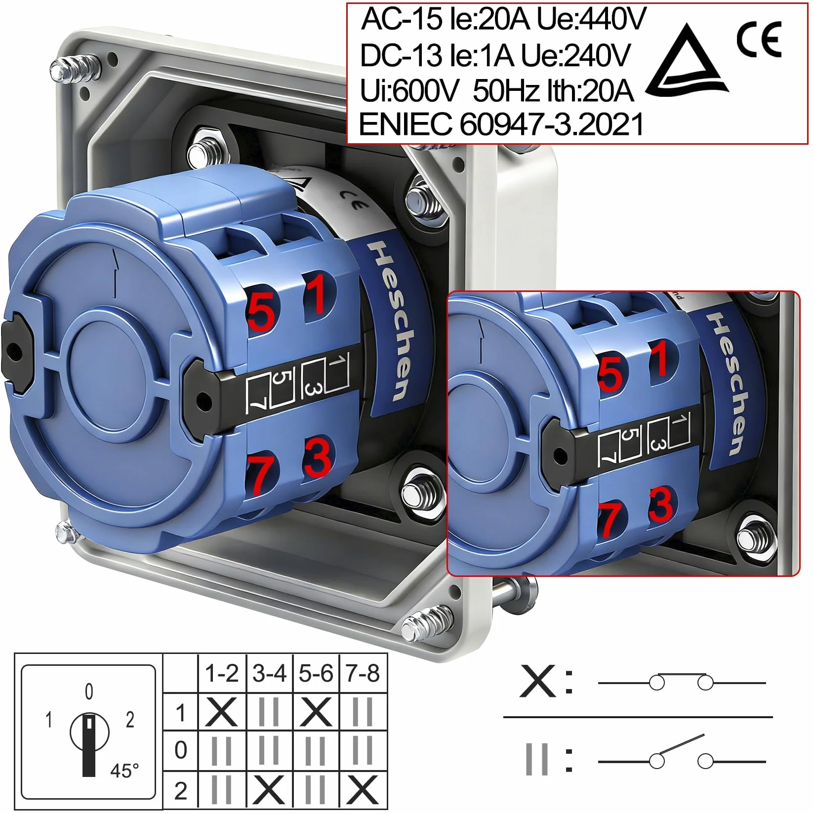 Heschen Uniwersalny przełącznik SZW26-20/D202.2D z przełącznikiem głównym LW28-20/4 660V 20A ON-OFF-ON 3-pozycyjne 2-fazowe 8 terminali CE