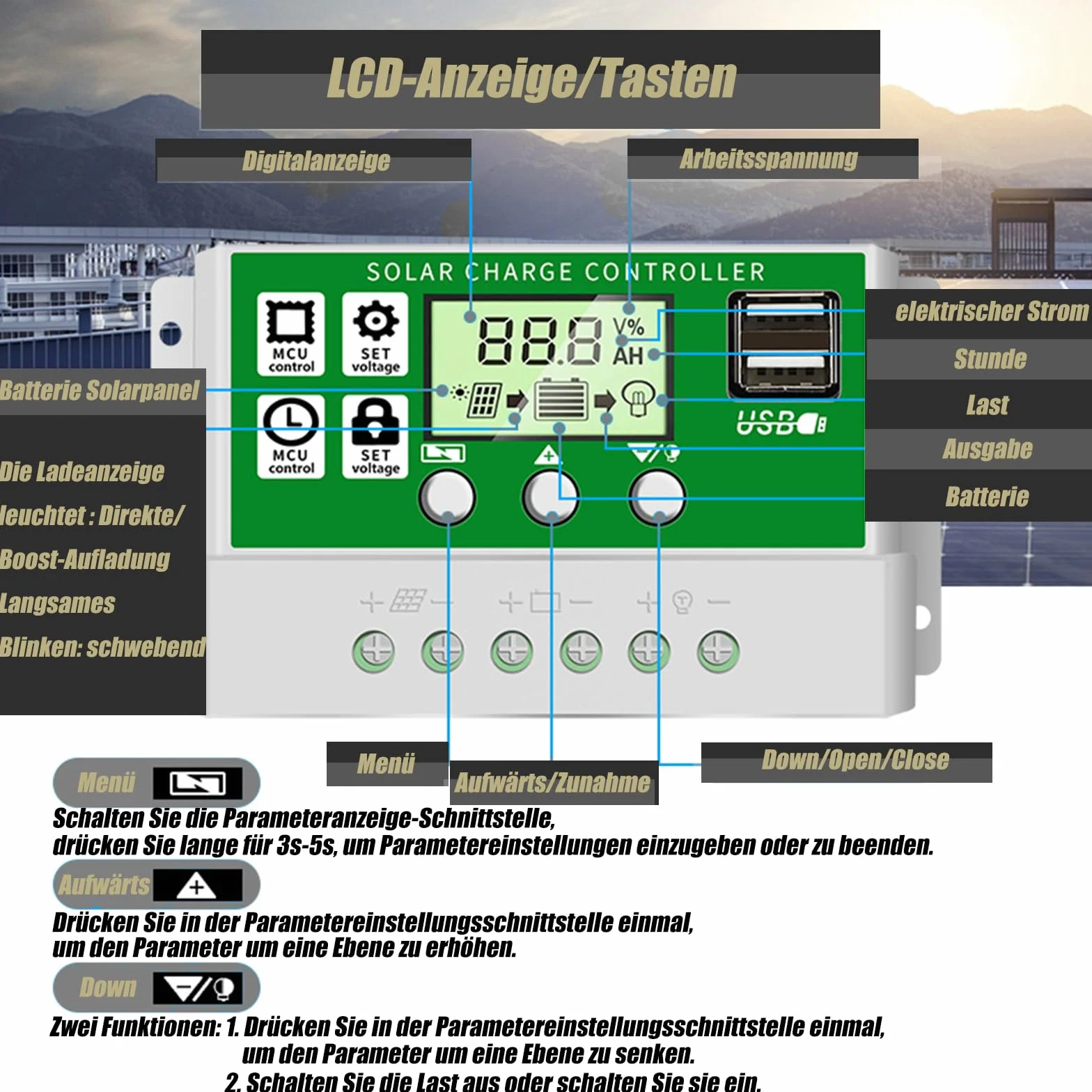 Regulator ładowania słonecznego, PWM 12 V, regulowany wyświetlacz LCD do Life-PO4, żel ołowiowy, kwas litowy, 2 porty USB, konwerter słoneczny 30 A