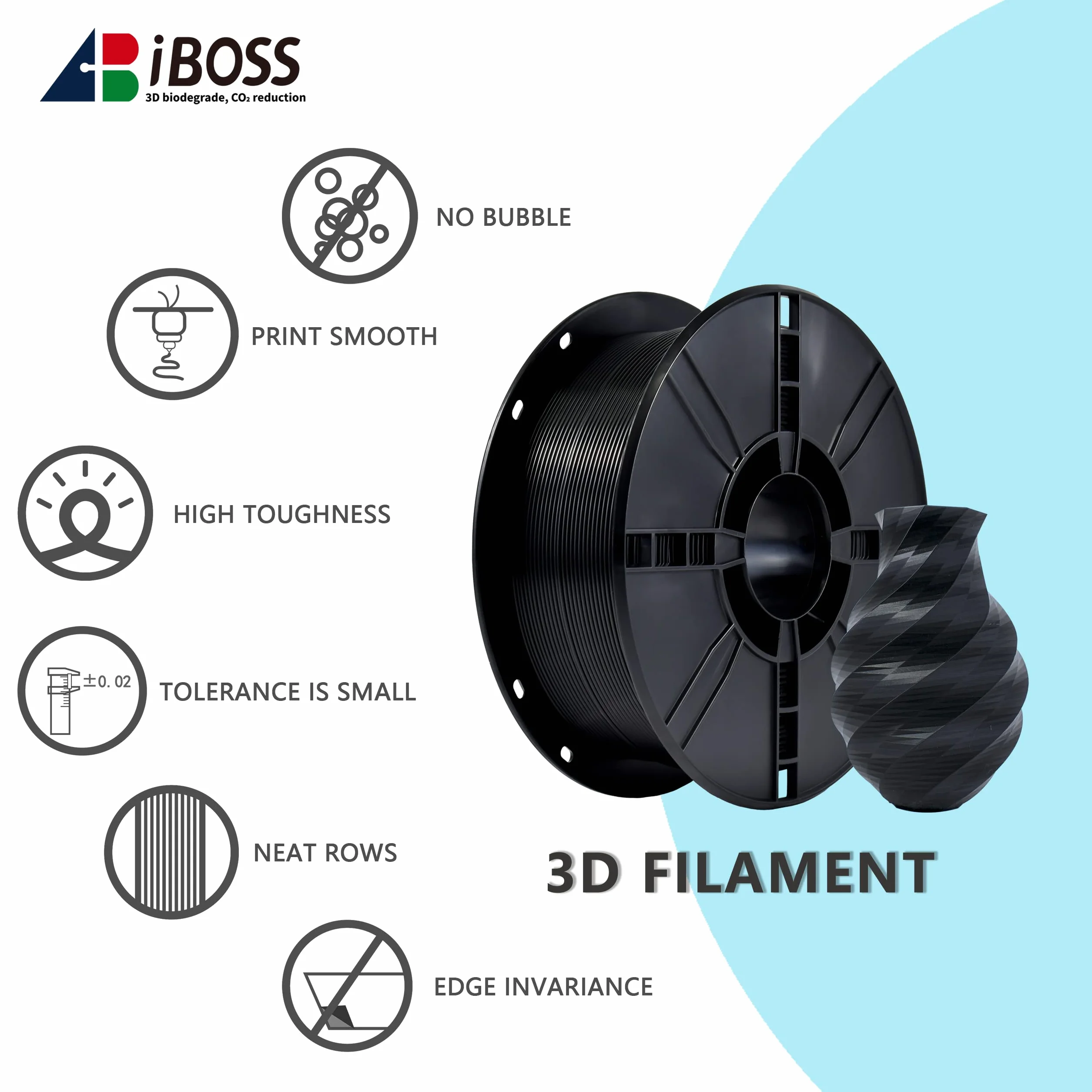 iBOSS PLA+Filament 1,75mm, czysta czerń, filament drukarki 3D PLA PLUS, dokładność wymiarowa +/-0,02mm, kołowrotek 1 kg (2,2 funta), odpowiedni dla większości drukarek
