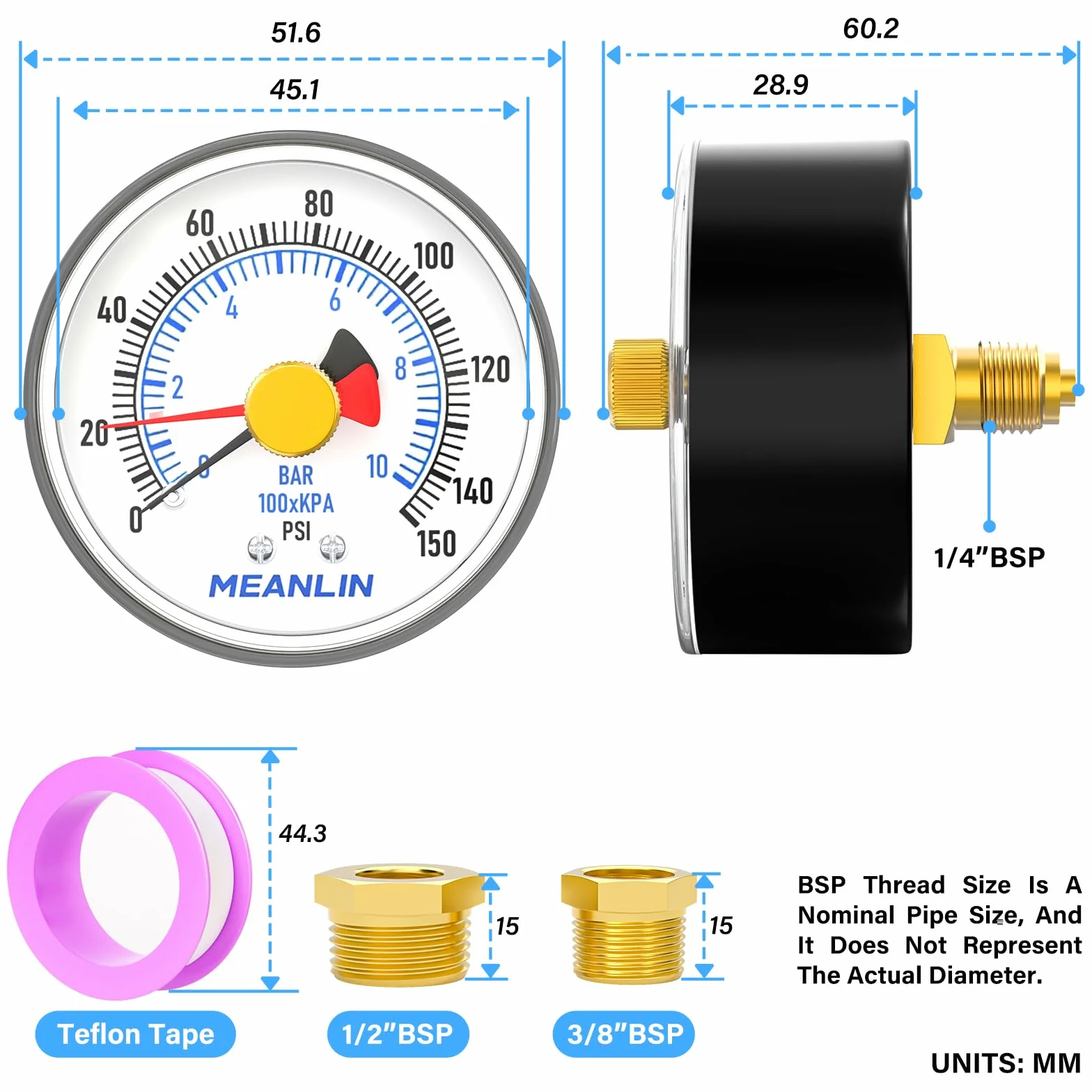 MEANLIN MEASURE 0~10 Bar/0~150Psi 2" DIAL FACE 1/4" BSP manometr pompy studni z adapterem BSP 1/2" i 3/8" BSP, dokładność 3-2-3%, z czerwonym wskaźnikiem, centralny tylny uchwyt