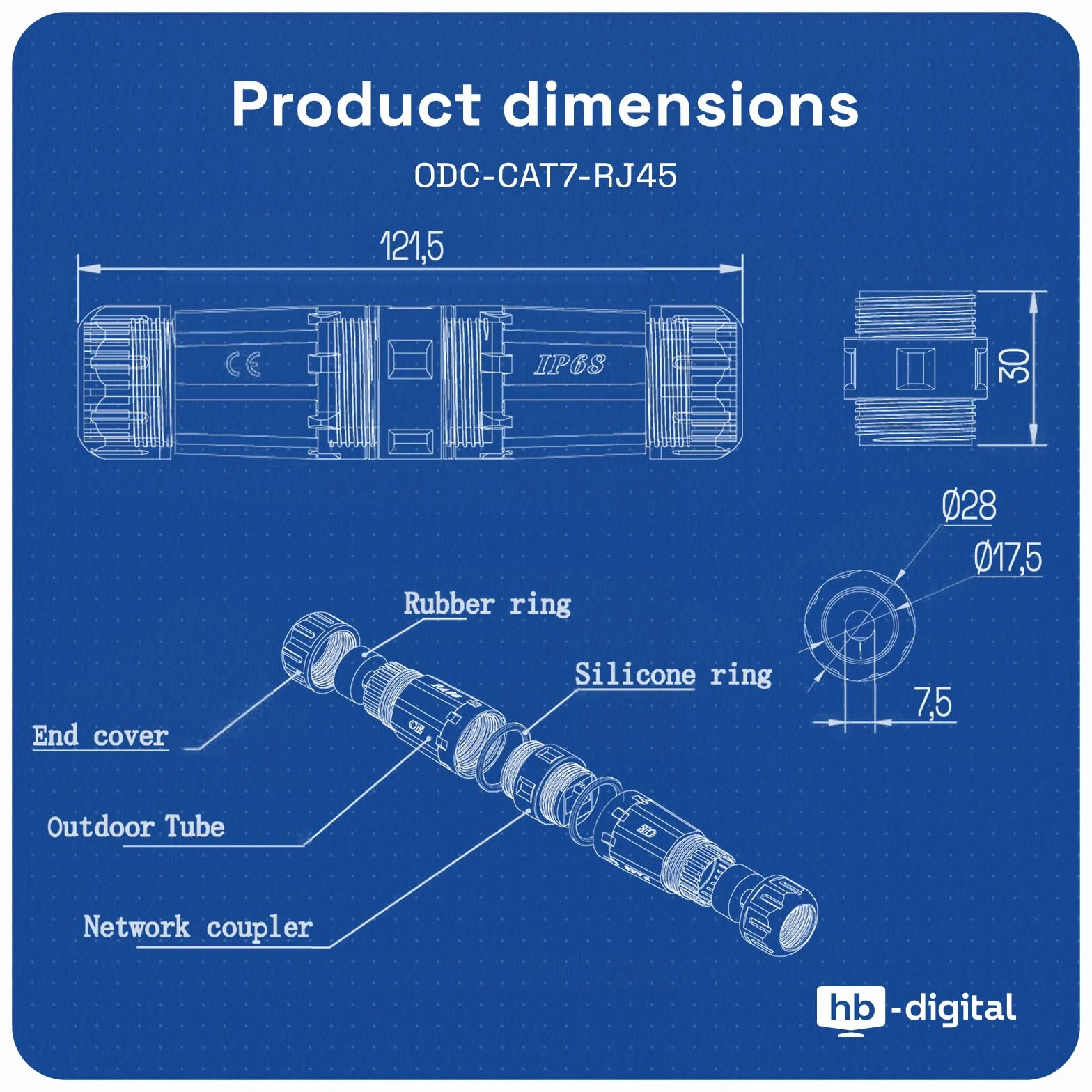 hb-digital 1 x RJ45 złącze kabla krosowego, CAT. 7 OUTDOOR IP68, wodoszczelne złącze Ethernet, kabel sieciowy, adapter LAN przedłużacz gniazdo RJ45 (8P8C) STP AWG26-22, na zewnątrz, kolor czarny