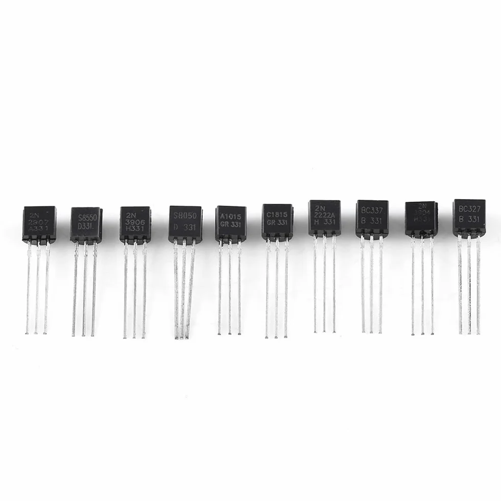 200 szt. Tranzystor Bipolar NPN Krzem z pudełkiem do przechowywania 10 modeli (BC337 BC327 2N222 2N2907 2N3904 2N3906 S8050 S8550 A1015 C1815)