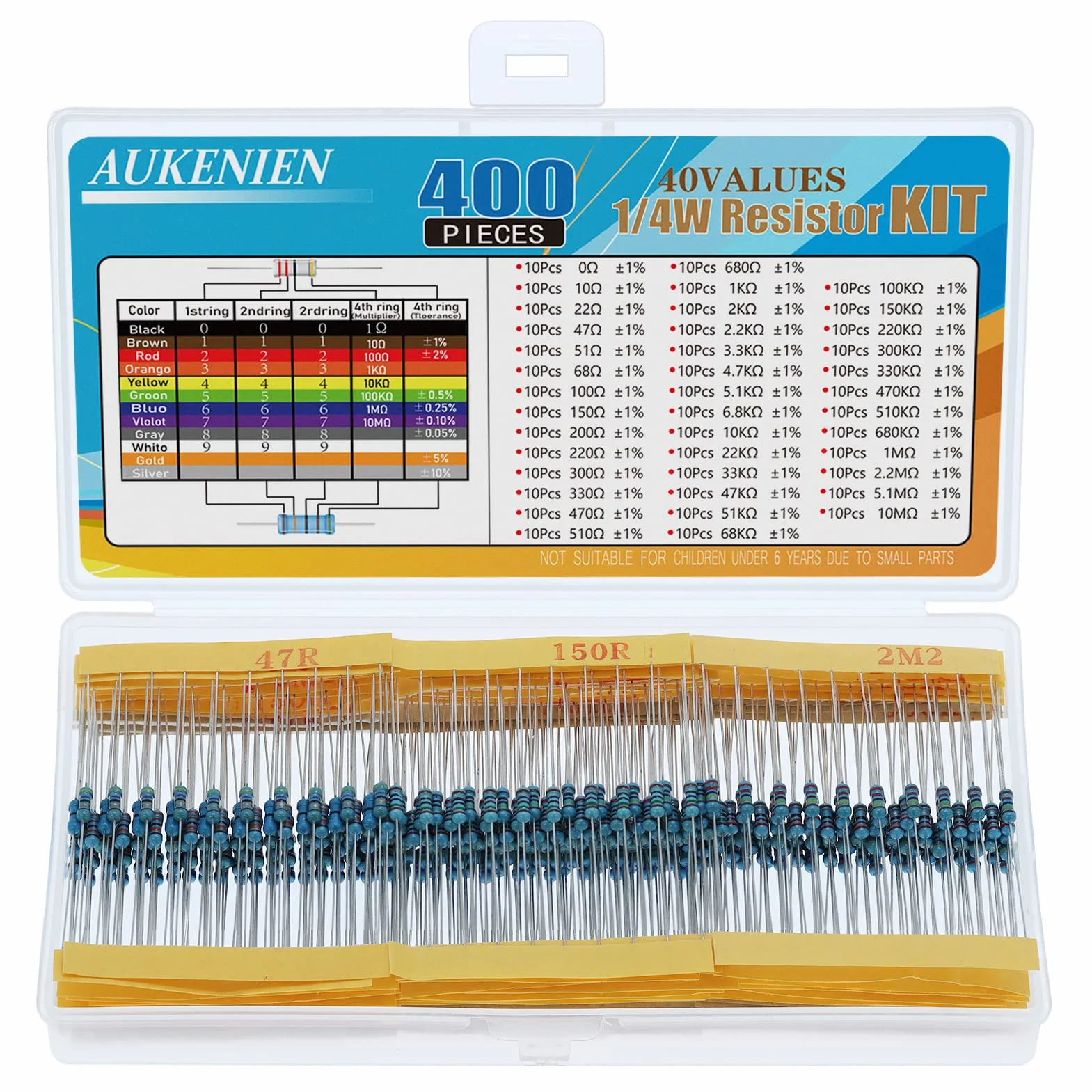AUKENIEN Zestaw Rezystorów 1/4W 0 Ohm-10M Ohm 40 wartości 1% Metalowy