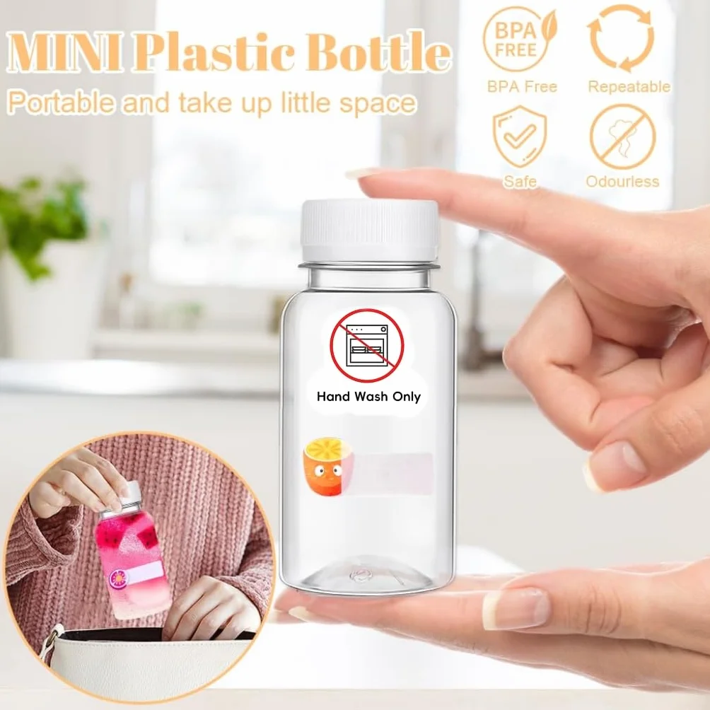 15 sztuk butelek na sok do napełniania, 100 ml, wielokrotnego użytku PET z pokrywką, mini plastikowe butelki z naklejką, butelki na sok, napoje wodne (czarne)
