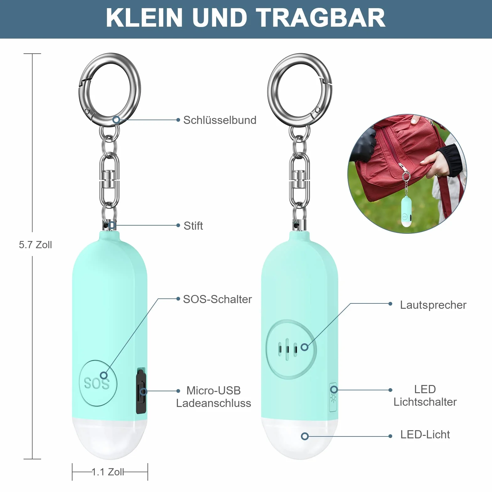 Alarm osobisty, alarm osobisty 130DB z diodami LED, alarm awaryjny dla mężczyzn, dzieci, osób starszych, niebieski, dwa opakowanie