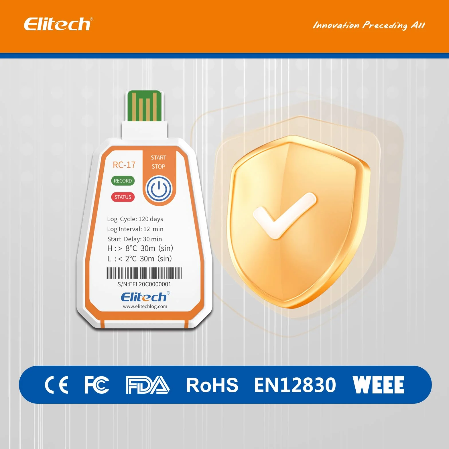 Elitech RC-17 Jednorazowy rejestrator temperatury USB IP67 180 dni 16000 rekordów