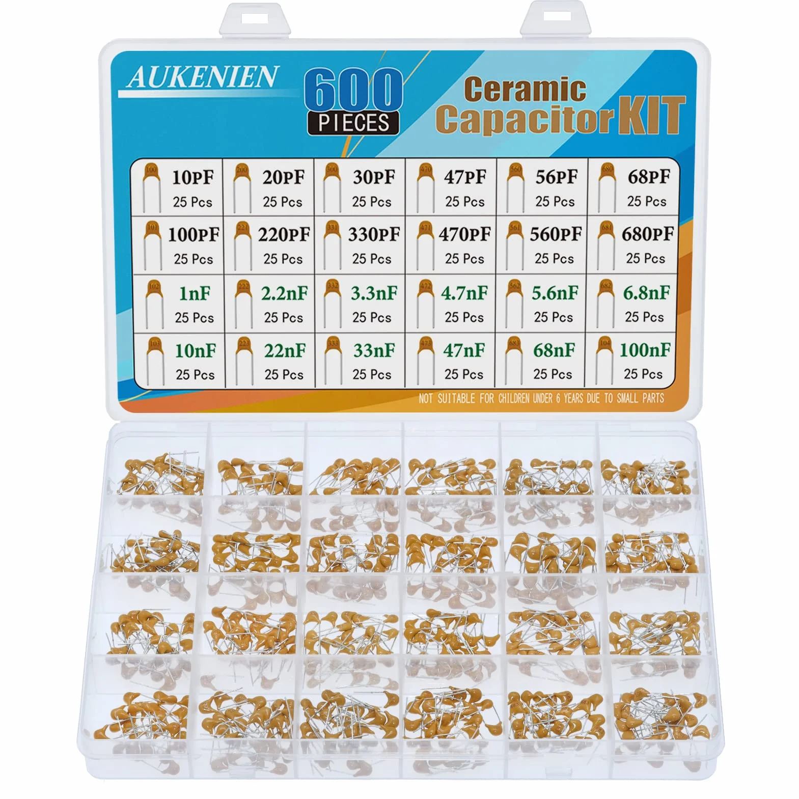 AUKENIEN 24Wartość 600sztuk Zestaw Kondensatorów ceramicznych Asortyment kondensatorów od 10pF do 100nF