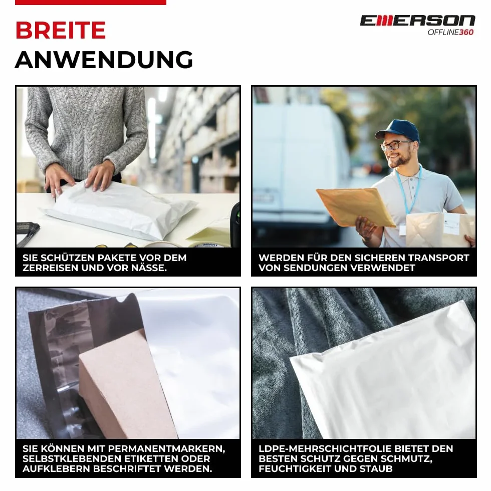 Emerson 50 sztuk plastikowych torebek wysyłkowych 26 x 35 cm | torba wysyłkowa z zamknięciem samoprzylepnym | białe nieprzezroczyste | torebki wysyłkowe na ubrania, artykuły | worki plastikowe | różne