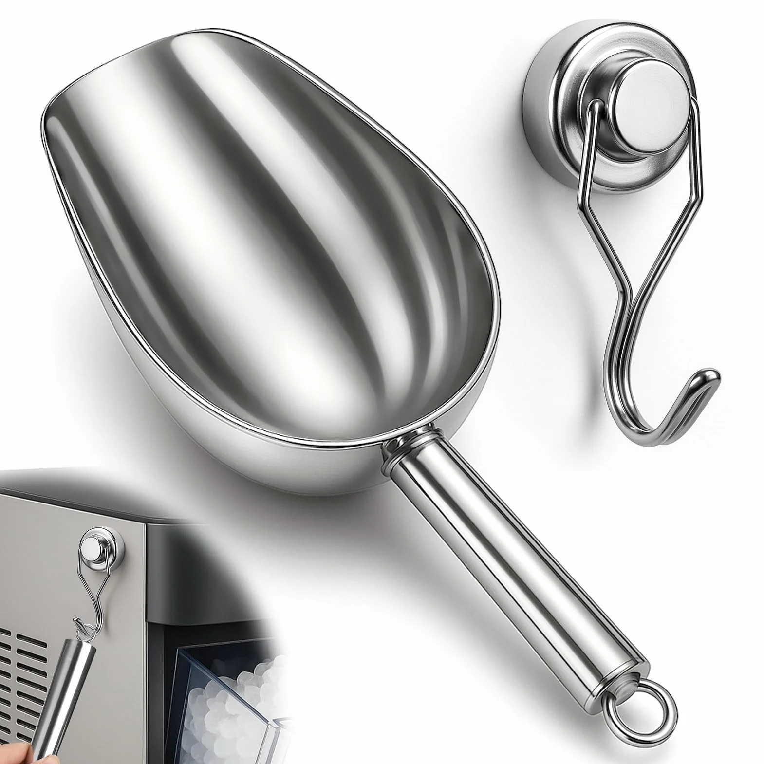 Łopatka do mąki ze stali nierdzewnej z magnetycznym haczykiem, mała metalowa łopatka do lodu, solidna miarka do podawania do kuchni, baru, kostek lodu, popcornu, srebrna
