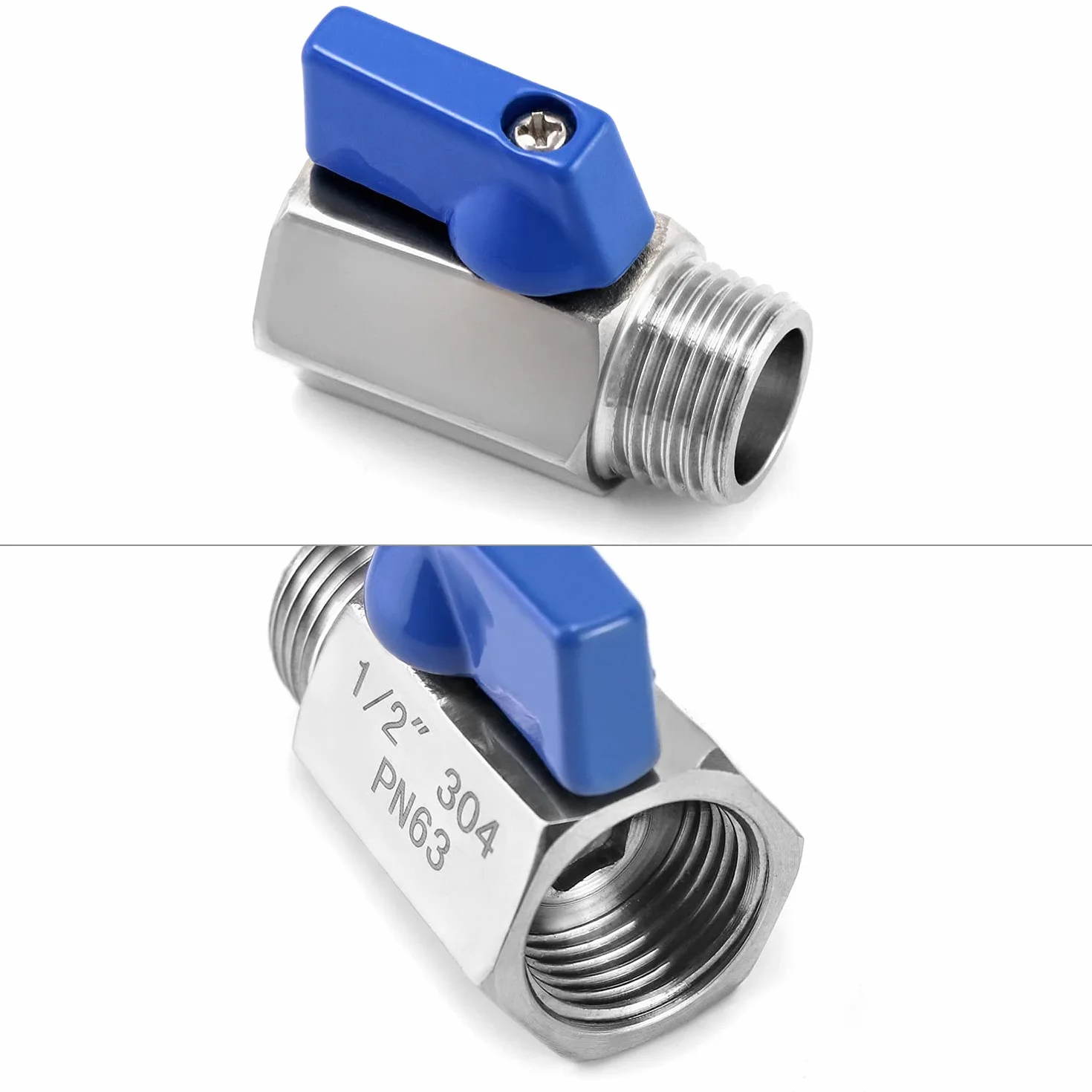 QWORK® mini zawór kulowy zawór odcinający ze stali nierdzewnej zmniejszony przelot, PN 63, 1/2 cala gwint wewnętrzny / zewnętrzny