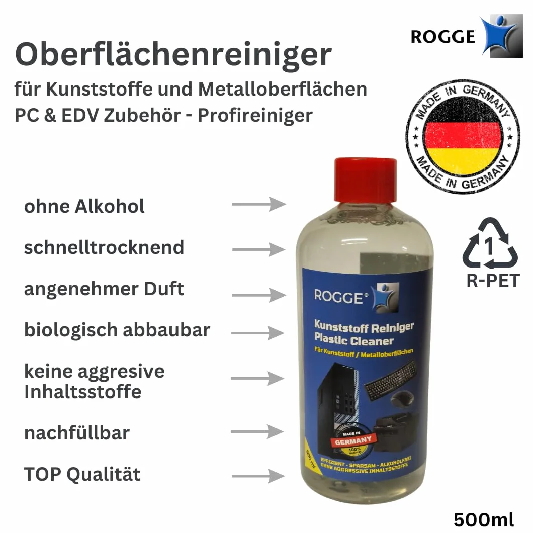ROGGE 500 ml środek do czyszczenia tworzyw sztucznych, PC, myszy, klawiatur, drukarek itd. Delikatny środek do czyszczenia powierzchni bez alkoholu, specjalnie zaprojektowany do codziennego