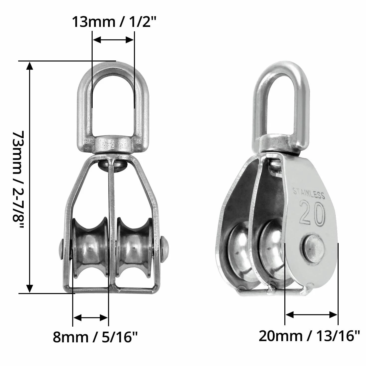 QWORK® M20 podwójny blok koła pasowego ze stali nierdzewnej 304 koło pasowe do lin wciągników linowych, statków, jachtów, 2 sztuki
