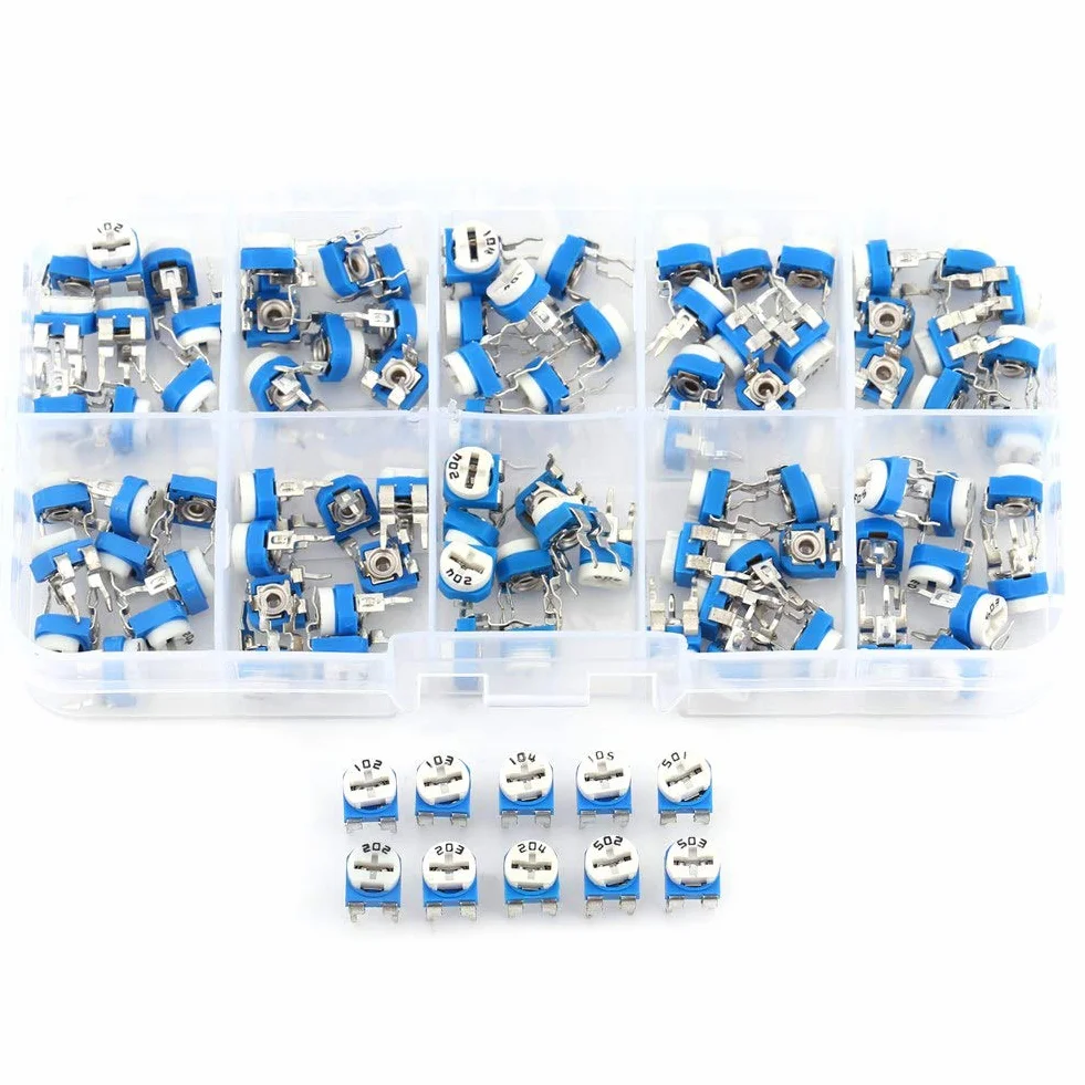 Rezystor zmienny 10 Wartość 500 Ohm-1M Ohm Potencjometr membranowy Reostat Trimpot Asortyment-100 szt., Rezystor