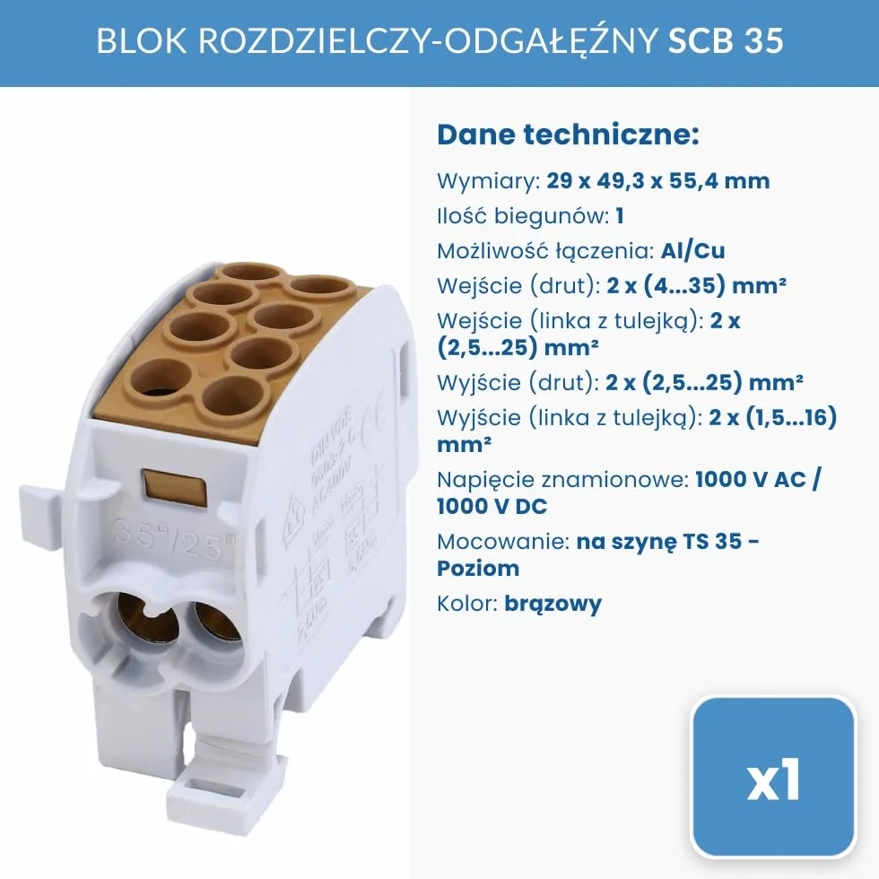 Blok rozdzielczo-rozgałęźny SIMET SCB 35 Al/Cu 80210, 1-biegunowy, 35 mm², do 1000 V AC/DC, montaż na szynie DIN TS35, 29 x 49,3 x 55,4 mm, brązowy