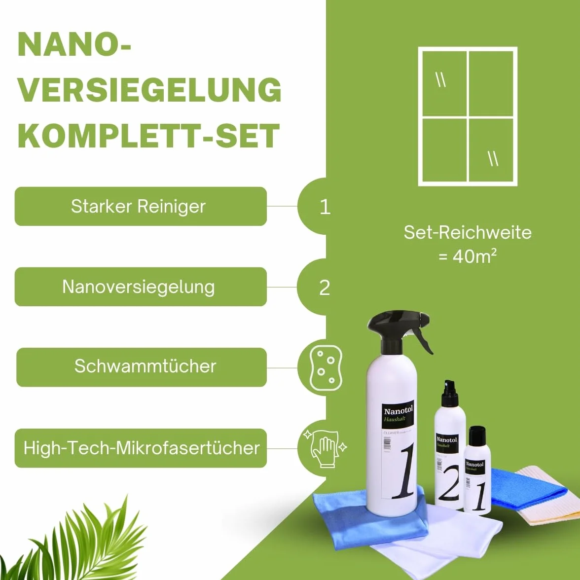 Nanotol Zestaw do uszczelniania okien – kompletny zestaw do nakładania powłoki EASY-TO-CLEAN (nanopowłoka) do szyb o powierzchni 40 m² z ramą/myjką do okien + uszczelnienie szkła z efektem lotosu