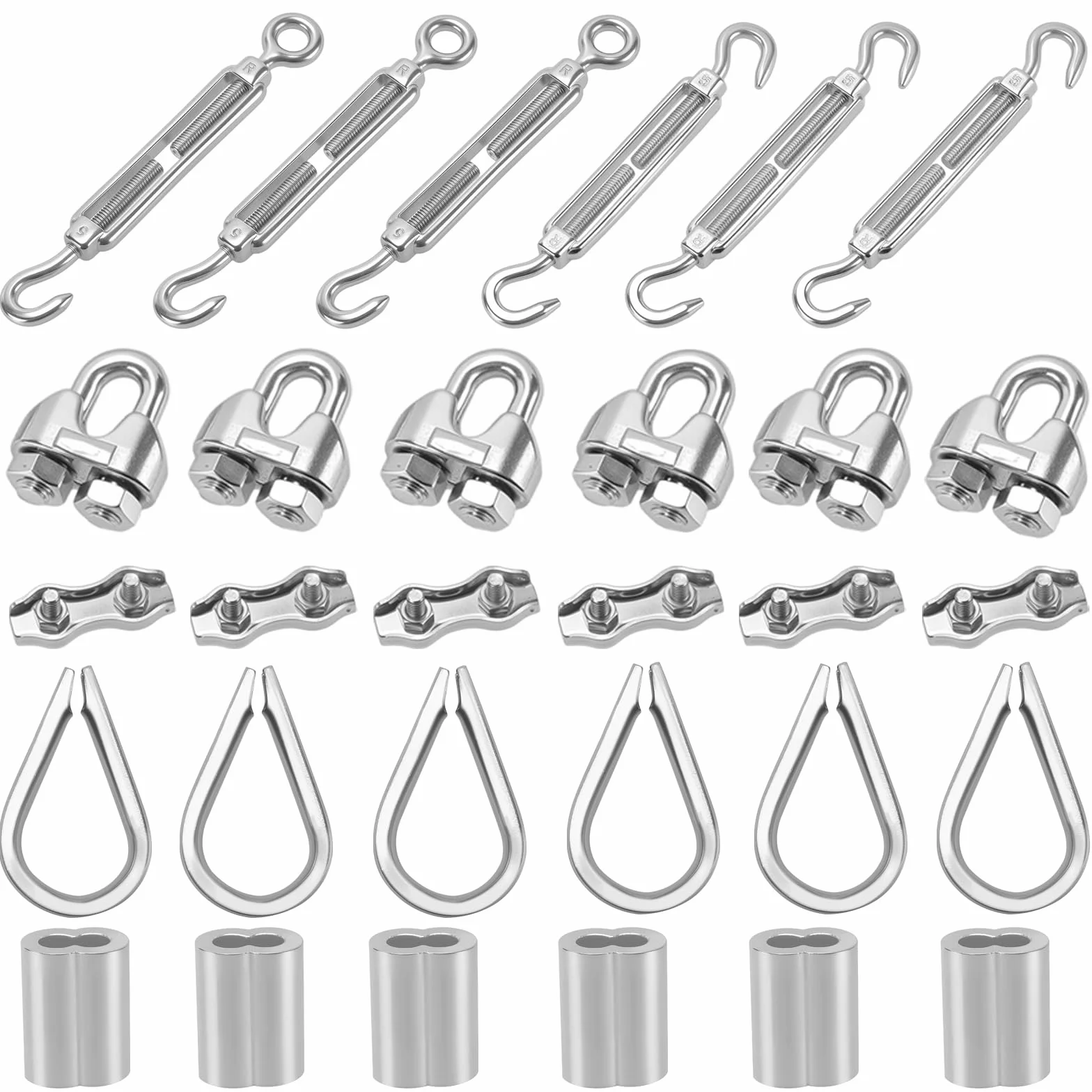 Zestaw 30 sztuk śrub napinających M5 ze stali nierdzewnej, napinacz drutu M5 z zaciskiem linowym 3mm ze stali nierdzewnej, 3mm linka stalowa z kauczami i tulejkami aluminiowymi, zestaw