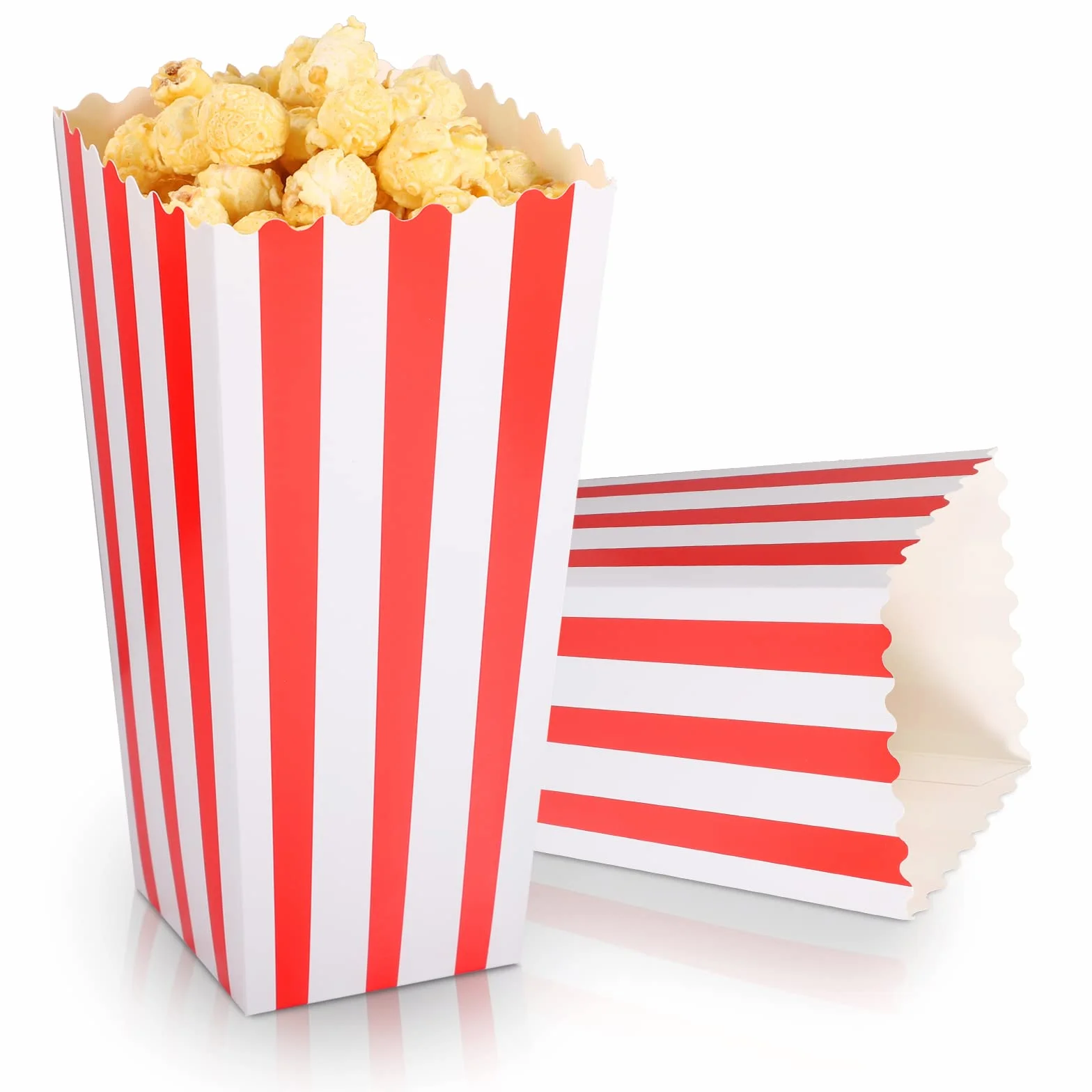 20 sztuk dużych torebek na popcorn, 19,8 x 9,6 x 7 cm, pudełka na popcorn, czerwone, białe, w paski, kartonowe, na przekąski, popcorn, na wieczory filmowe, do kina, na imprezę w stylu retro, wesele
