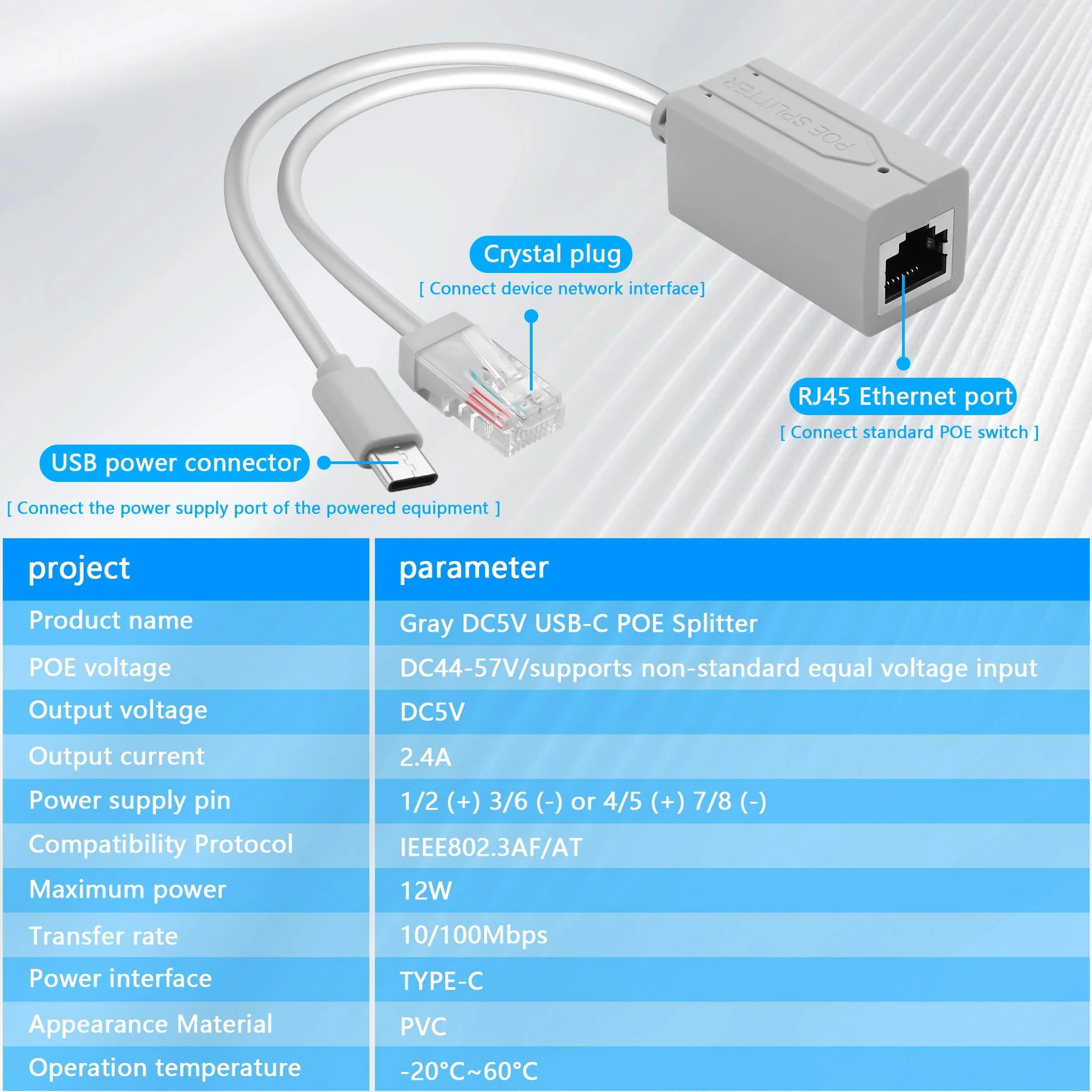 GINTOOYUN Szary DC5V USB-C POE rozdzielacz 10/100 Mbps Typ-C POE rozdzielacz z portem RJ45 i portem typu C, spełnia standard IEEE 802.3AF/at Standard (6,69 cala)