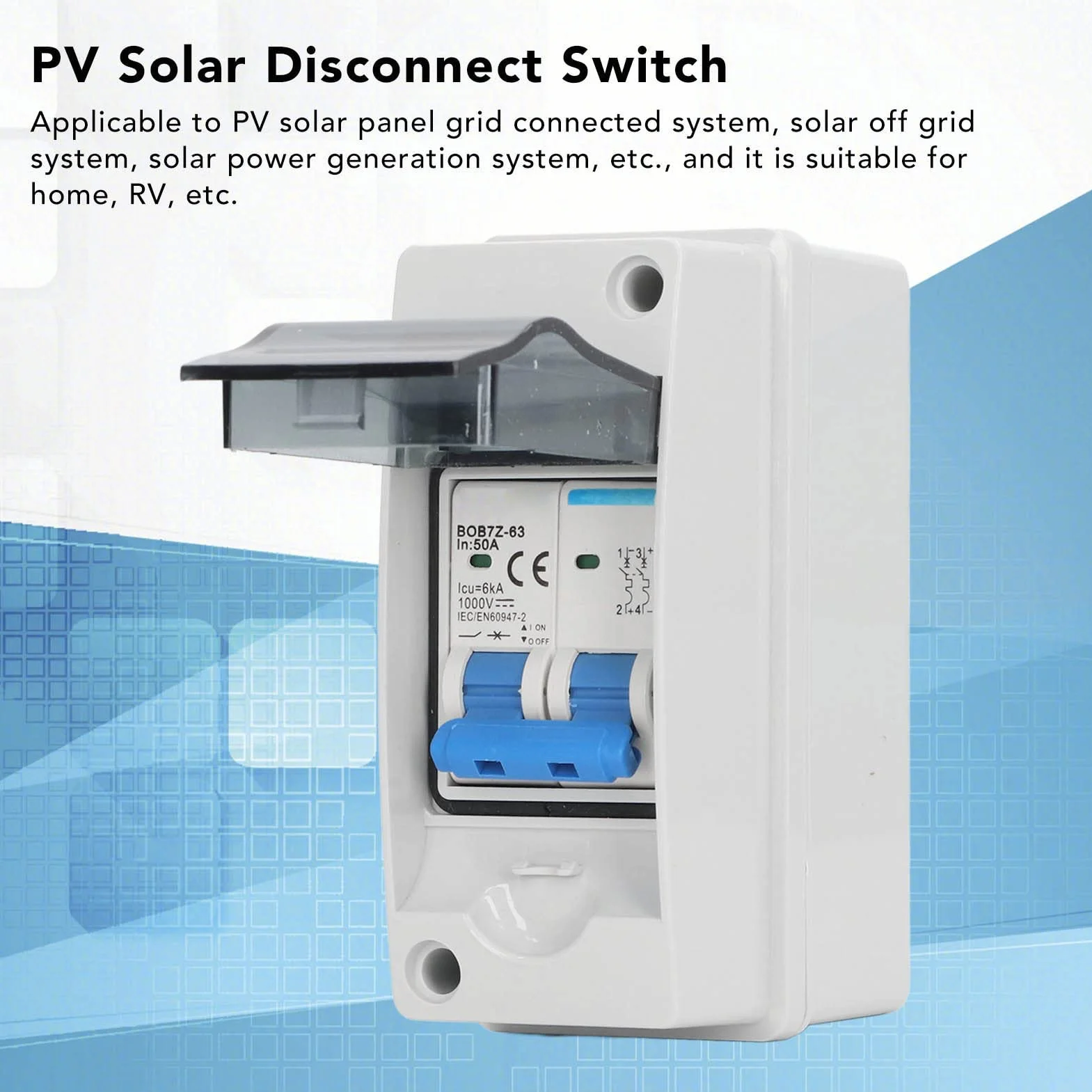 Rozłącznik Solarny, IP65 BOB7Z-63 50A 1000 V DC Przerywacz, Rozłącznik DC do Domu RV, dla Systemu Fotowoltaicznego Solarny System Off-grid System Wytwarzania Energii Słonecznej