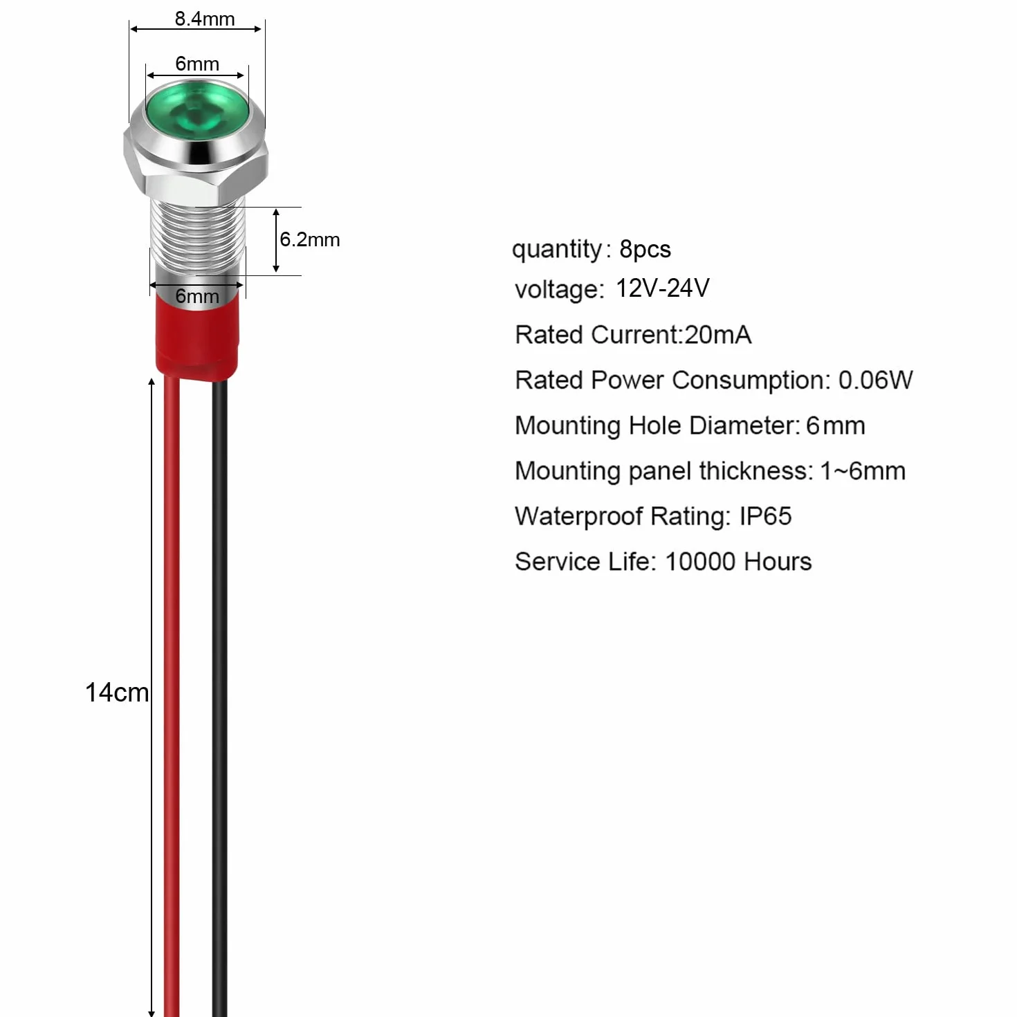 GUUZI 6mm Lampka Kontrolna LED 12-24V Wodoodporna Lampka Sygnalizacyjna Panel Metalowy Wskaźnik LED Lampka Sygnalizacyjna Mocowanie Panelu Głowica Płaska z Przewodami Srebrny Skorupa(Zielony, 8 szt)