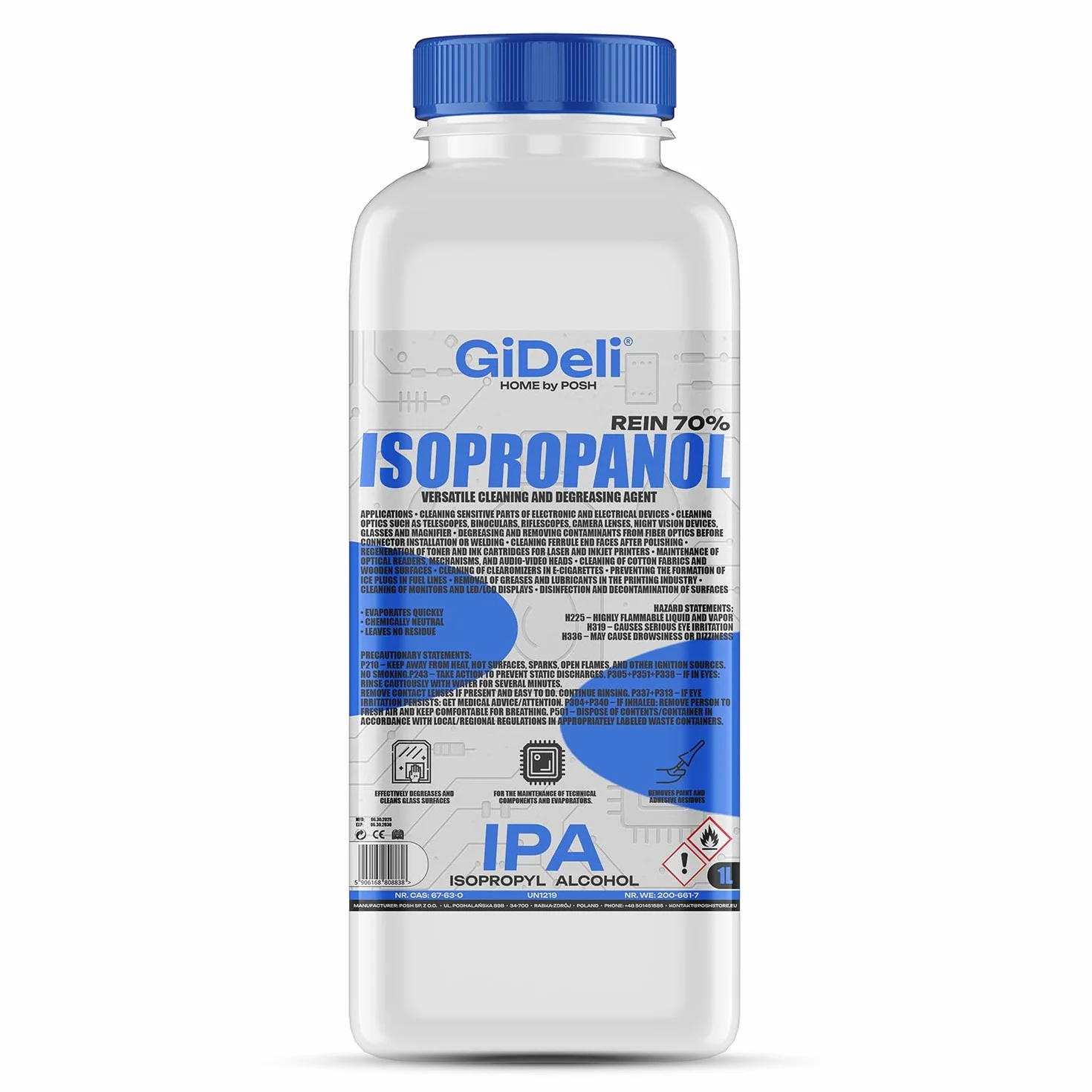 GiDeli Izopropanol 70% 1 litr środek czyszczący wysokoprocentowy alkohol izopropylowy IPA do czyszczenia elementów elektronicznych, soczewek i ekranów