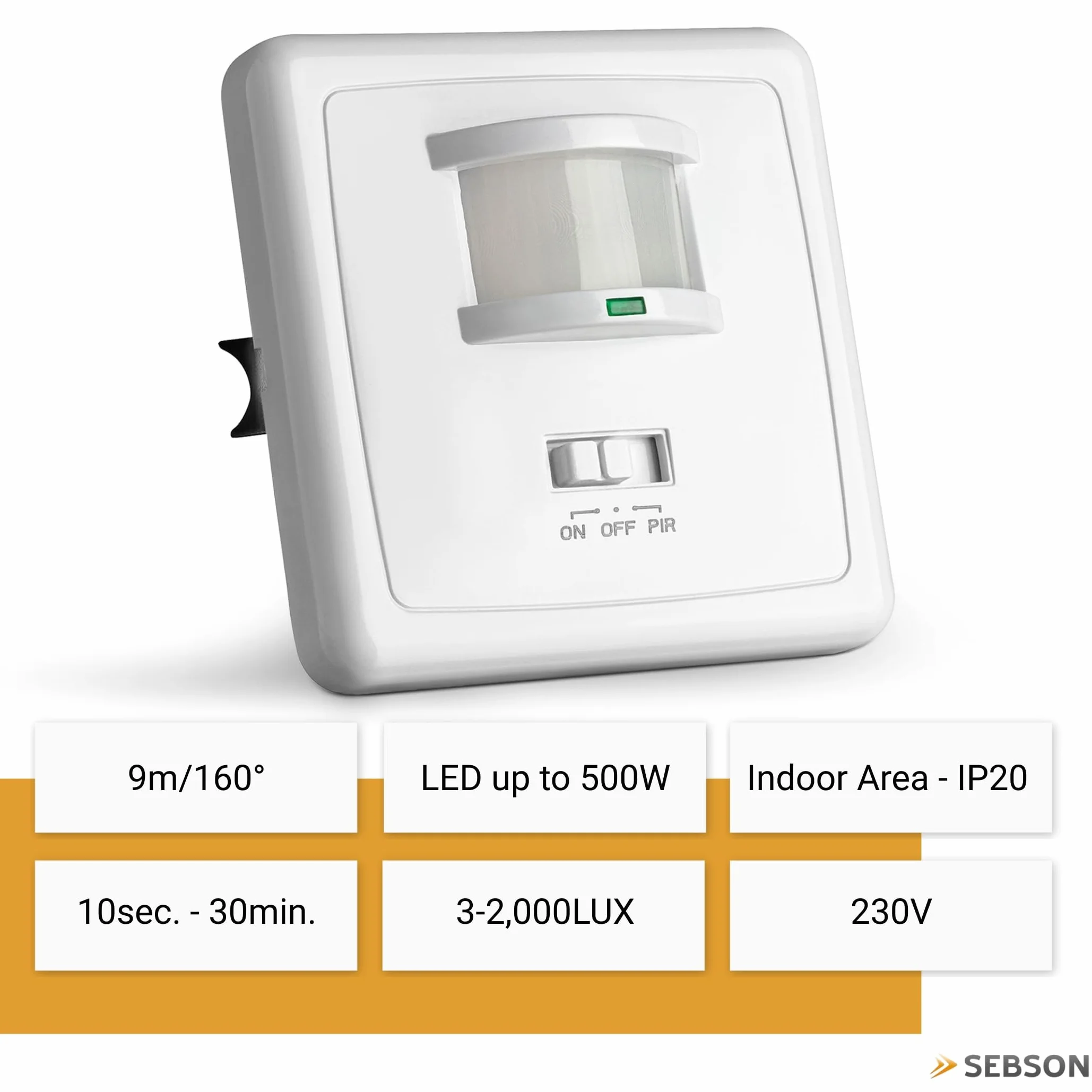 SEBSON Czujnik PIR włącznik światła wewnątrz - naścienny podtynkowy, programowalny, zakres 9 m/160°, czujnik ruchu na podczerwień do lamp LED, puszek podtynkowych 60 mm