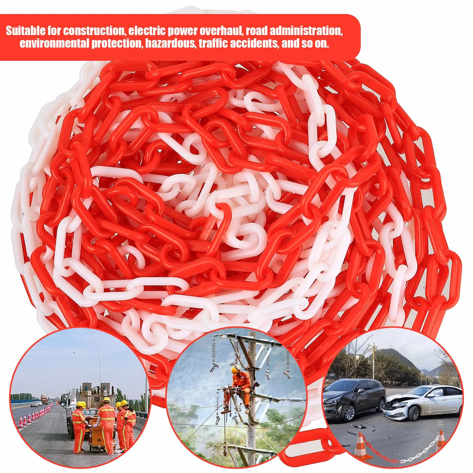 Plastikowy łańcuch odgradzający czerwono-biały, 11 m x 6 mm, łańcuch z tworzywa sztucznego do odgradzania obszarów, parkingów, restauracji, wystaw i parków