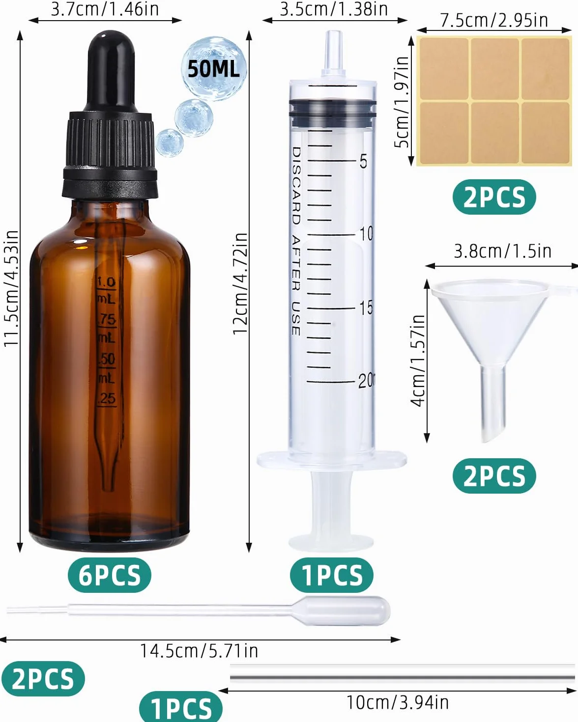6szt 50ml bursztynowa szklana butelka z pipetą, szklana butelka z pipetą, butelka aptekarska, bursztynowa szklana butelka z pipetą, butelka z zakraplaczem, z naklejką lejka i etykietą Dropping Bottles