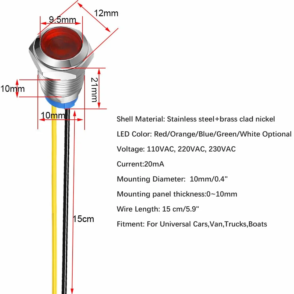 Gebildet 5 Sztuk 10mm 230V Ac Led Metalowy Wskaźnik Świetlny Wodoodporna Lampka Sygnalizacyjna (Czerwona)