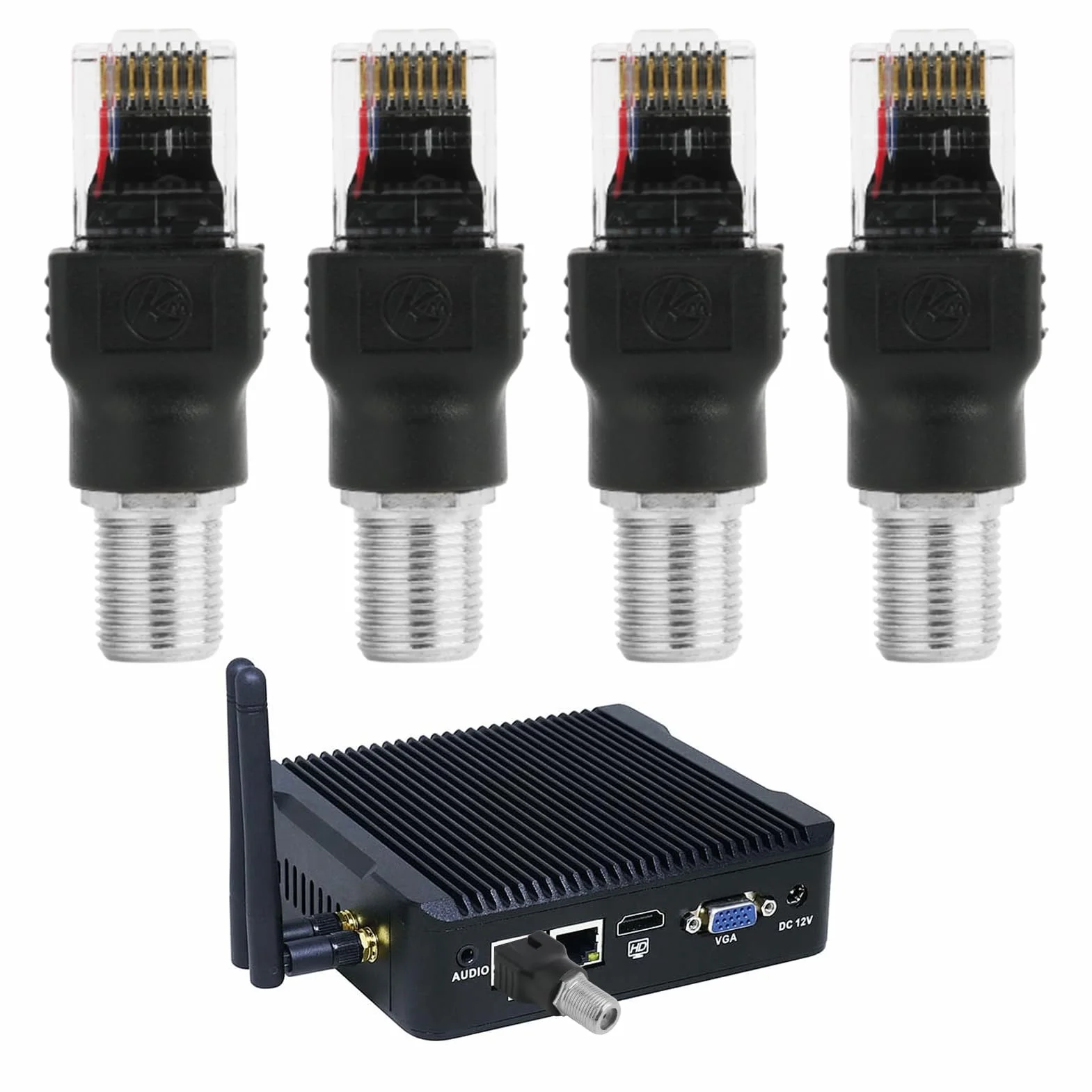 4 szt. Konwerter koncentryczny RF żeński na RJ45 męski, RF na RJ45 konwerter koncentryczny, złącze koncentryczne RJ45 na RF męski, do testerów liniowych, czujników i śledzenia kabli koncentrycznych