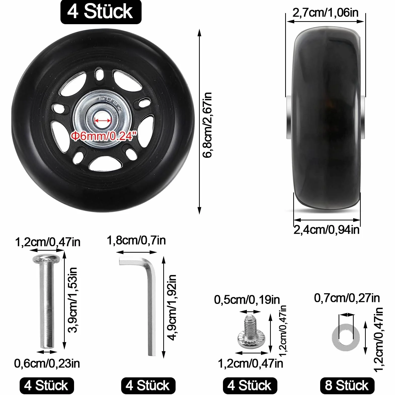 Zapasowe kółka do walizek 68 mm x 24 mm gumowe 4 sztuki