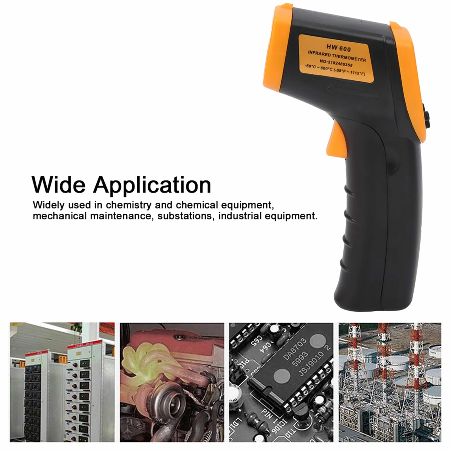 LCD Termometr na podczerwień Bezdotykowy Cyfrowy Pistolet do Pomiaru Temperatury Ręczny Miernik Temperatury Pistolet do Pomiaru Temperatury od -50 ℃ do 600 ℃ (Żółty)