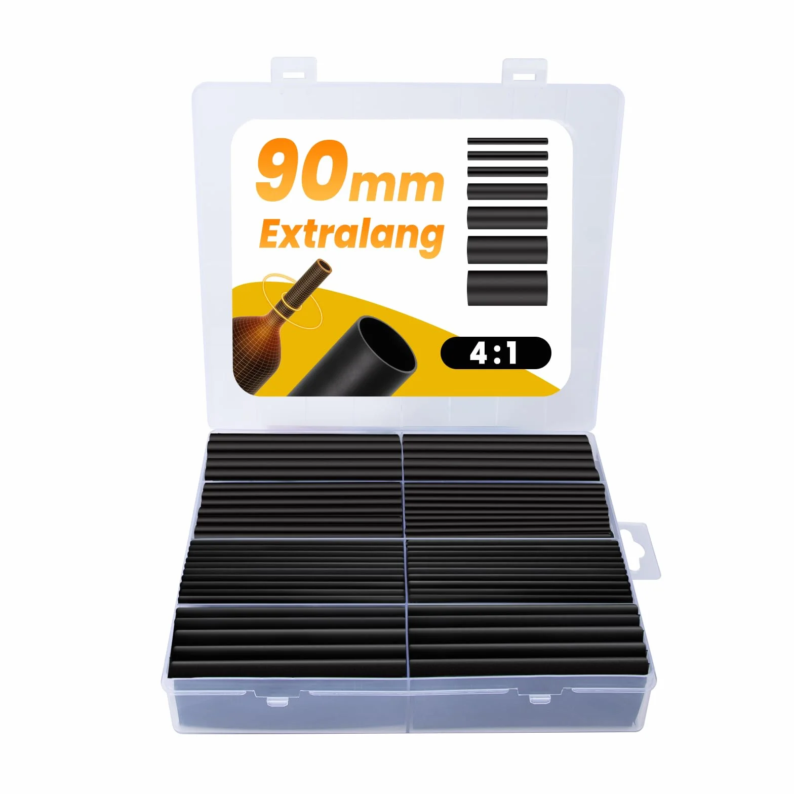 Fosdaling Zestaw węży termokurczliwych, 90 mm, ekstra długie węże termokurczliwe 4:1, wodoodporne, z klejem, asortyment Heat Shrink Tube (7 rozmiarów, czarne)