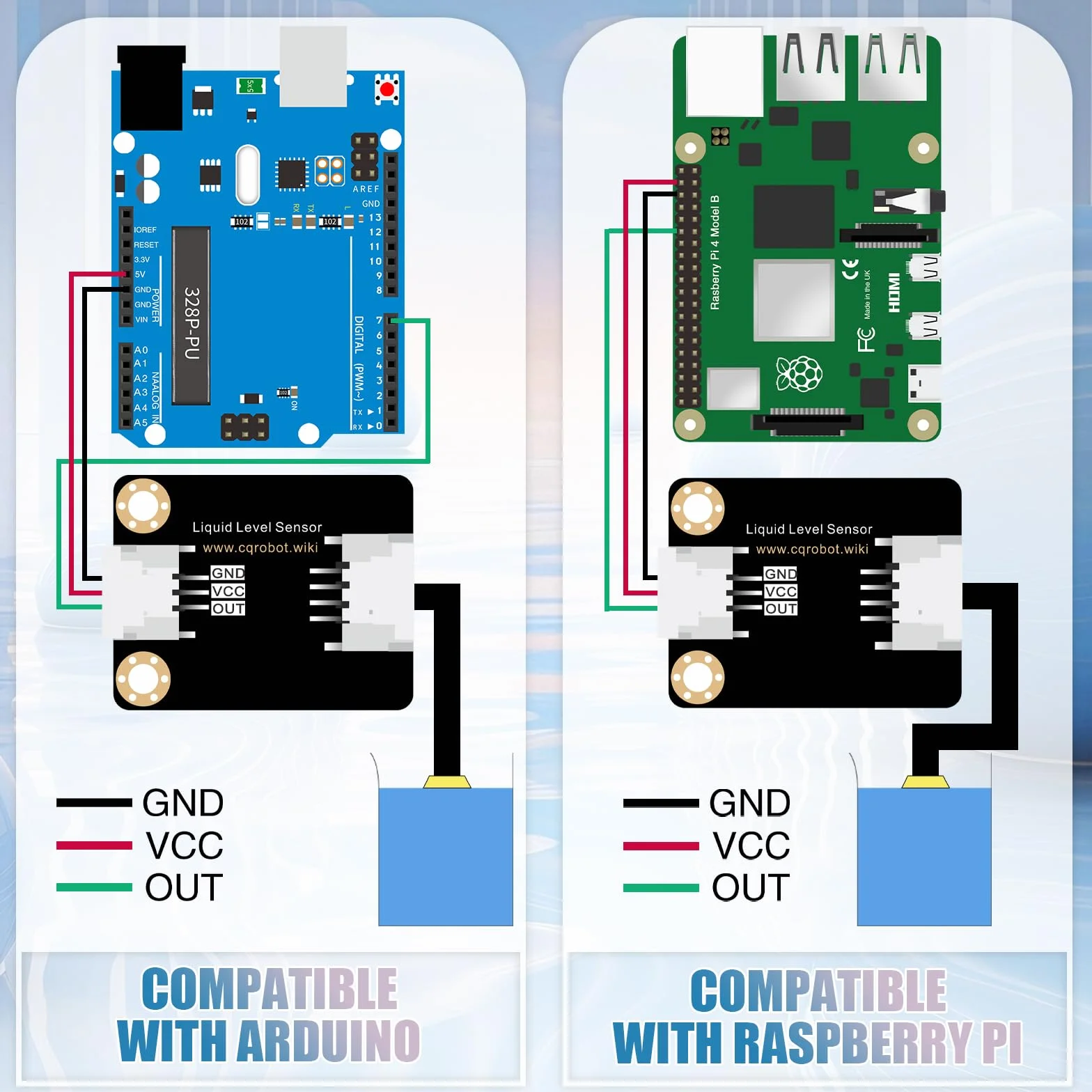 CQRobot Czujnik kontaktu z wodą/cieczą kompatybilny z Raspberry Pi/Arduino. do automatycznych systemów nawadniania, akwariów, roślin, w ogrodzie, w rolnictwie itp.