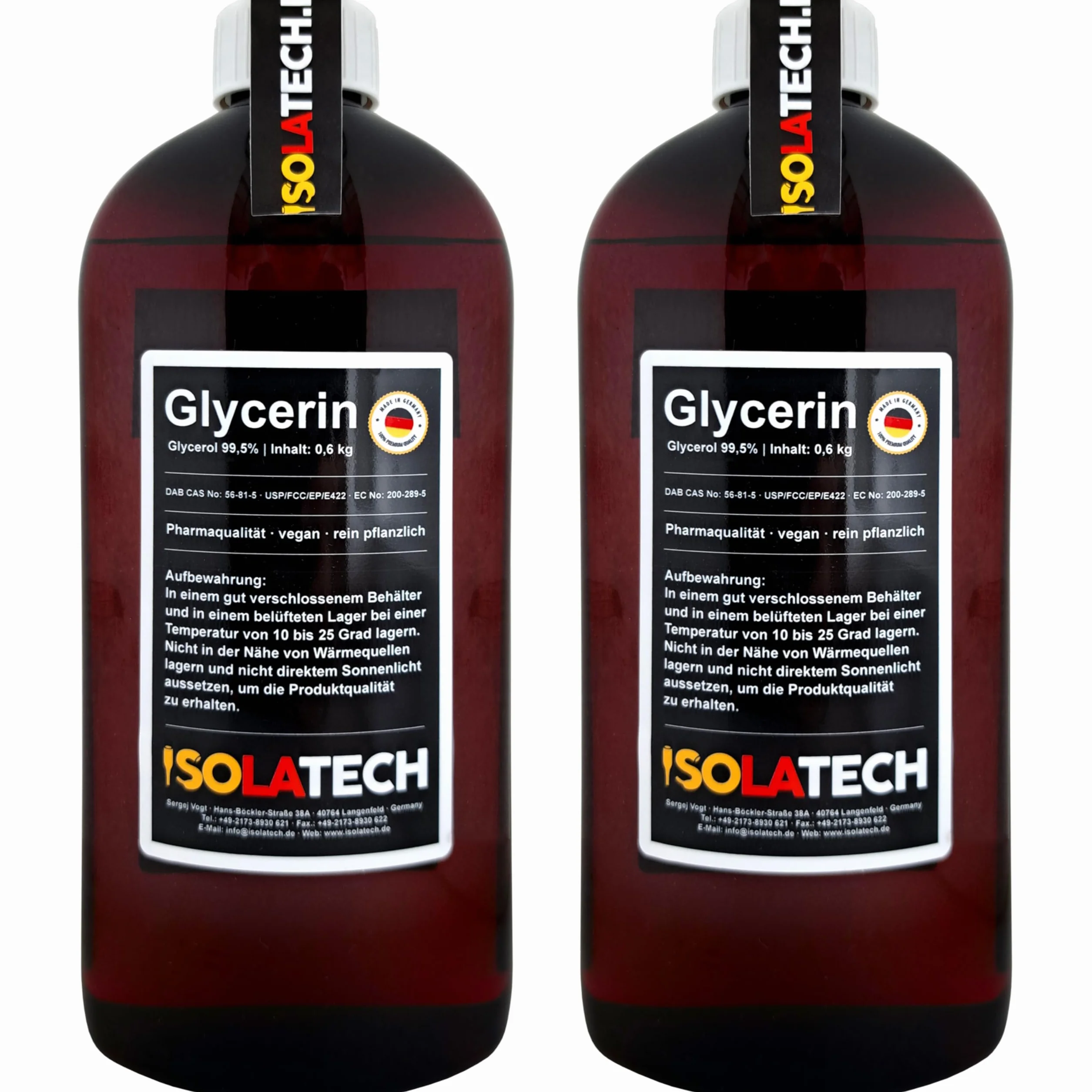 ISOLATECH Gliceryna 99,5% 1 l, jakość farmaceutyczna made in Germany, mierzona w 99,98% czysto roślinna, gliceryna glicerolowa, przezroczysta, 2 x 500 ml butelka (zawartość 2 x 600 g)