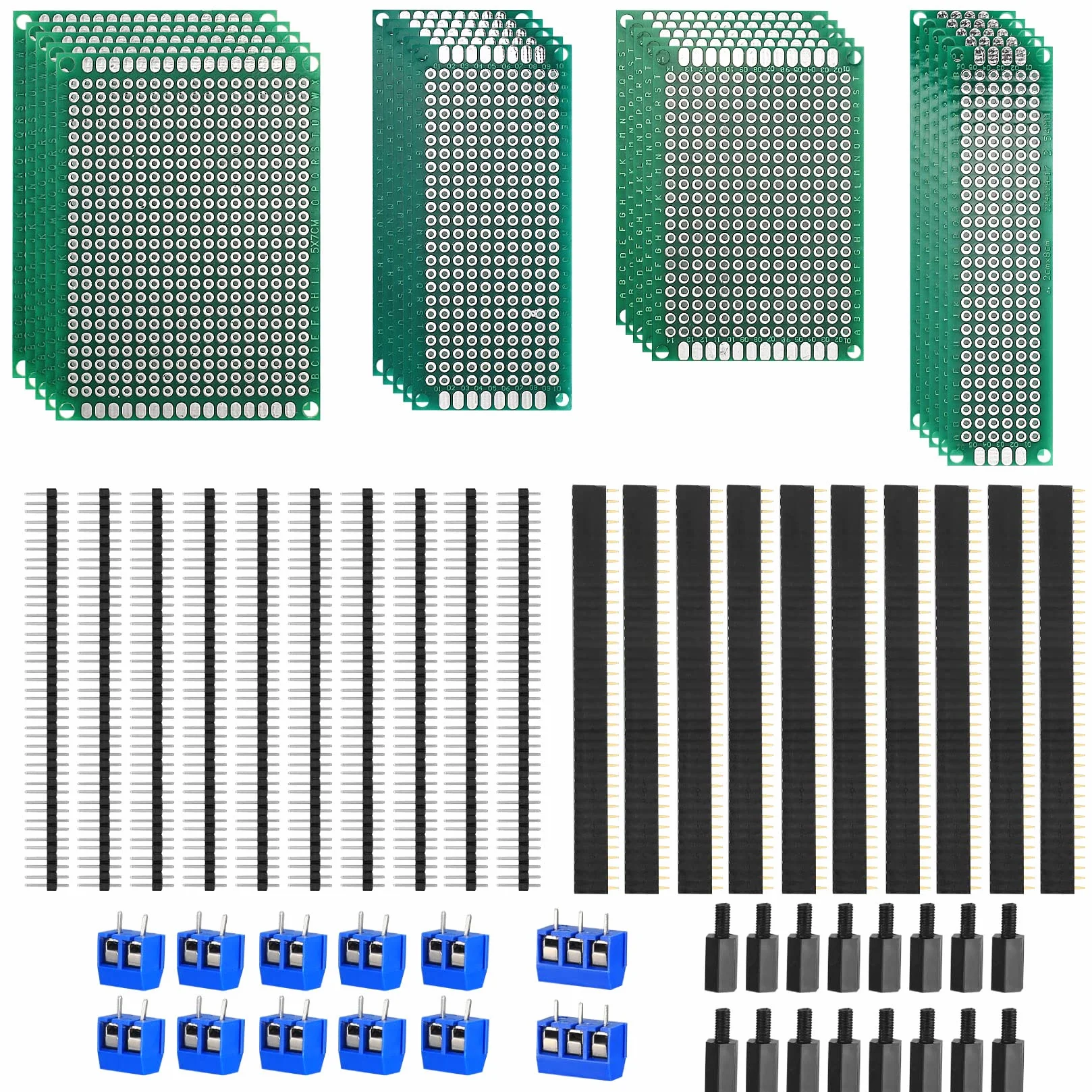 Zestaw 68-dwustronnych Perforowanych Uniwersalnych Płyt Dołkowych, 20 Sztuk Pcb, 20 Męskie Żeńskie Złącza, Gniazdo 40 Pinów, 12 2P & 3P Złącza Śrubowe, 16 Nylonowych Kolumn Szesciokątnych