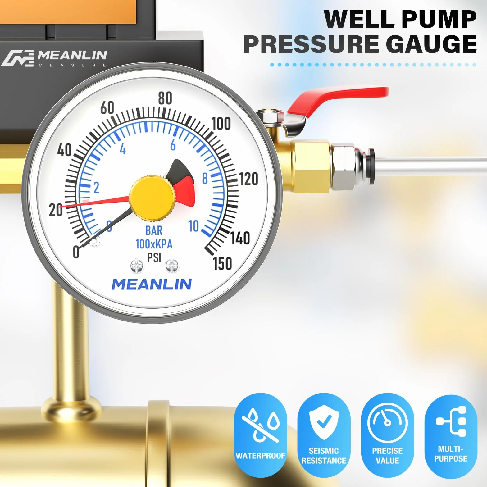 MEANLIN MEASURE 0~10 Bar/0~150Psi 2" DIAL FACE 1/4" BSP manometr pompy studni z adapterem BSP 1/2" i 3/8" BSP, dokładność 3-2-3%, z czerwonym wskaźnikiem, centralny tylny uchwyt