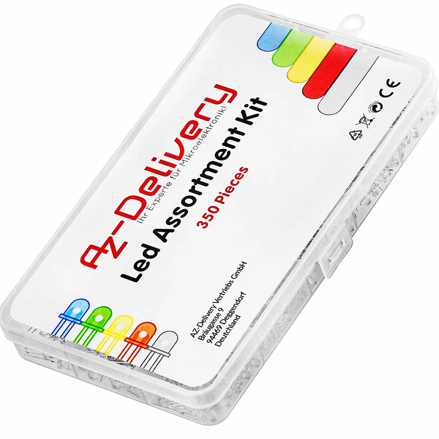 AZDelivery Zestaw asortymentu diod elektroluminescencyjnych LED, 350 sztuk, 3 mm i 5 mm, 5 kolorów, zestaw okrągłych diod LED emitujących, UV RGB CC/CA kompatybilny z Arduino E-book w zestawie!