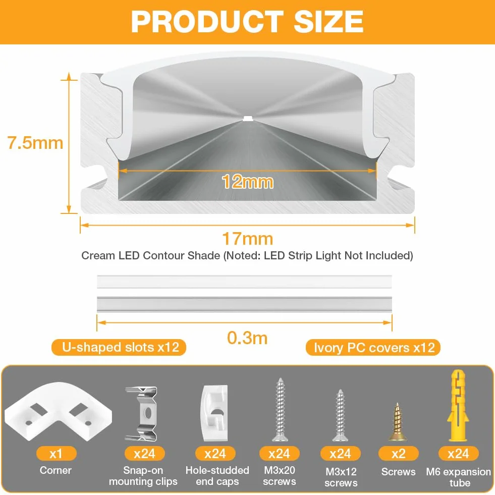 Flintronic Profil LED, 12 sztuk x 0,3 m, prostokątny aluminiowy kanał / prowadnica, z pokrywą, złączem narożnym, materiałem montażowym do taśm LED