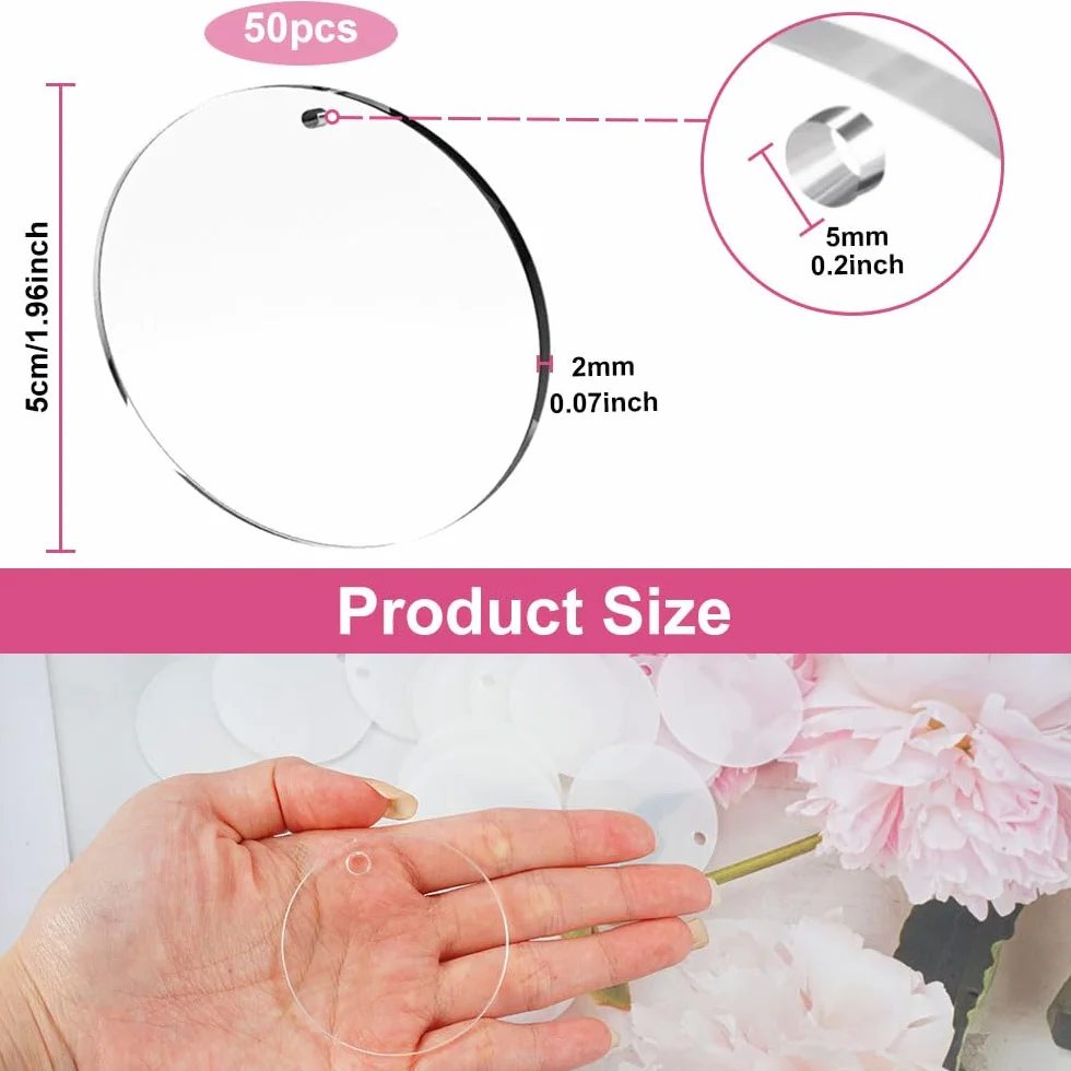 50 sztuk okrągłych płytek akrylowych z otworem 5 cm, przezroczysta płyta akrylowa, przezroczyta płyta akrylowa, okrągła płyta akrylowa z pleksiglasu, okrągłe płytki akrylowe na kluczyki, do malowania