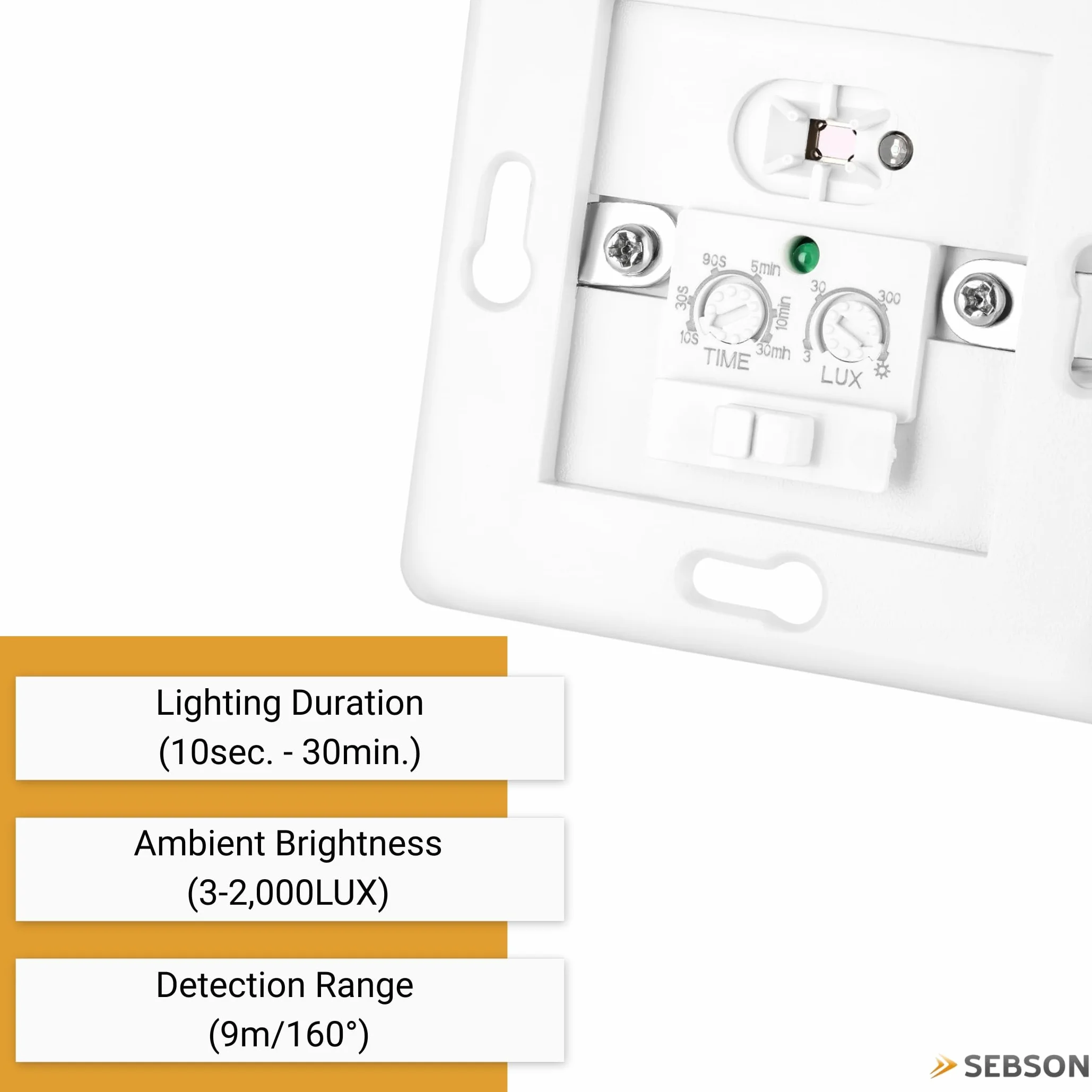 SEBSON Czujnik PIR włącznik światła wewnątrz - naścienny podtynkowy, programowalny, zakres 9 m/160°, czujnik ruchu na podczerwień do lamp LED, puszek podtynkowych 60 mm