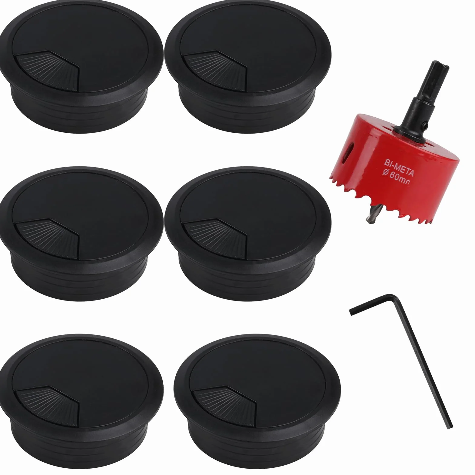 Wiertło do otwornic 60 mm i 6 szt. okrągłych otworów na biurko, czarne 60 mm osłony otworów na biurko, plastikowe przelotki na biurko, metalowe otwory HSS, plastikowy przewód biurkowy, osłona otworu