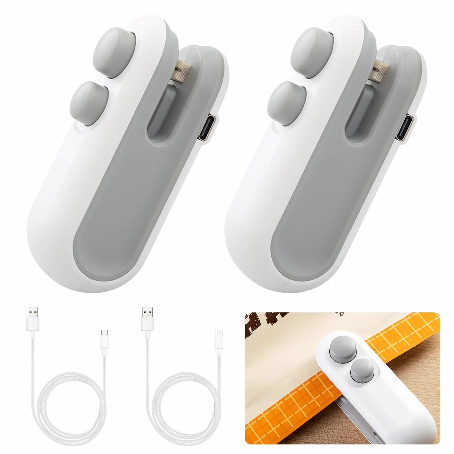 Sporgo Mini zgrzewarka do folii, 2 sztuki, możliwość ponownego ładowania, 2 w 1, zamknięcie worka, mini Bag Sealer z nożem, zgrzewarką do ręcznego zamykania torebek plastikowych torebek